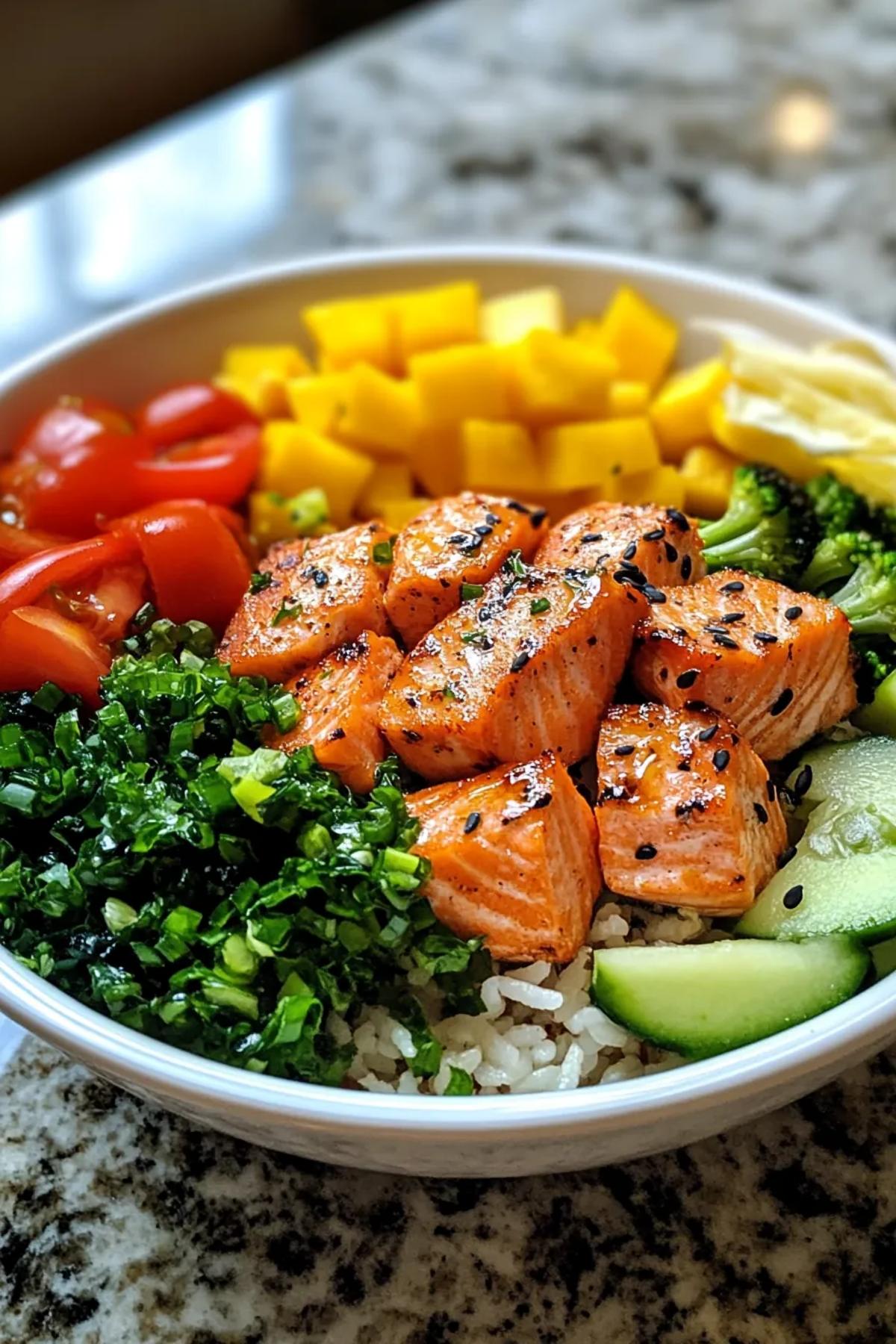 Vibrant 15 minute salmon bowl recipe featuring pan‑seared salmon, rainbow carrots, edamame, avocado slices, and a drizzle of lime‑ginger dressing served in a shallow bowl over fluffy rice card