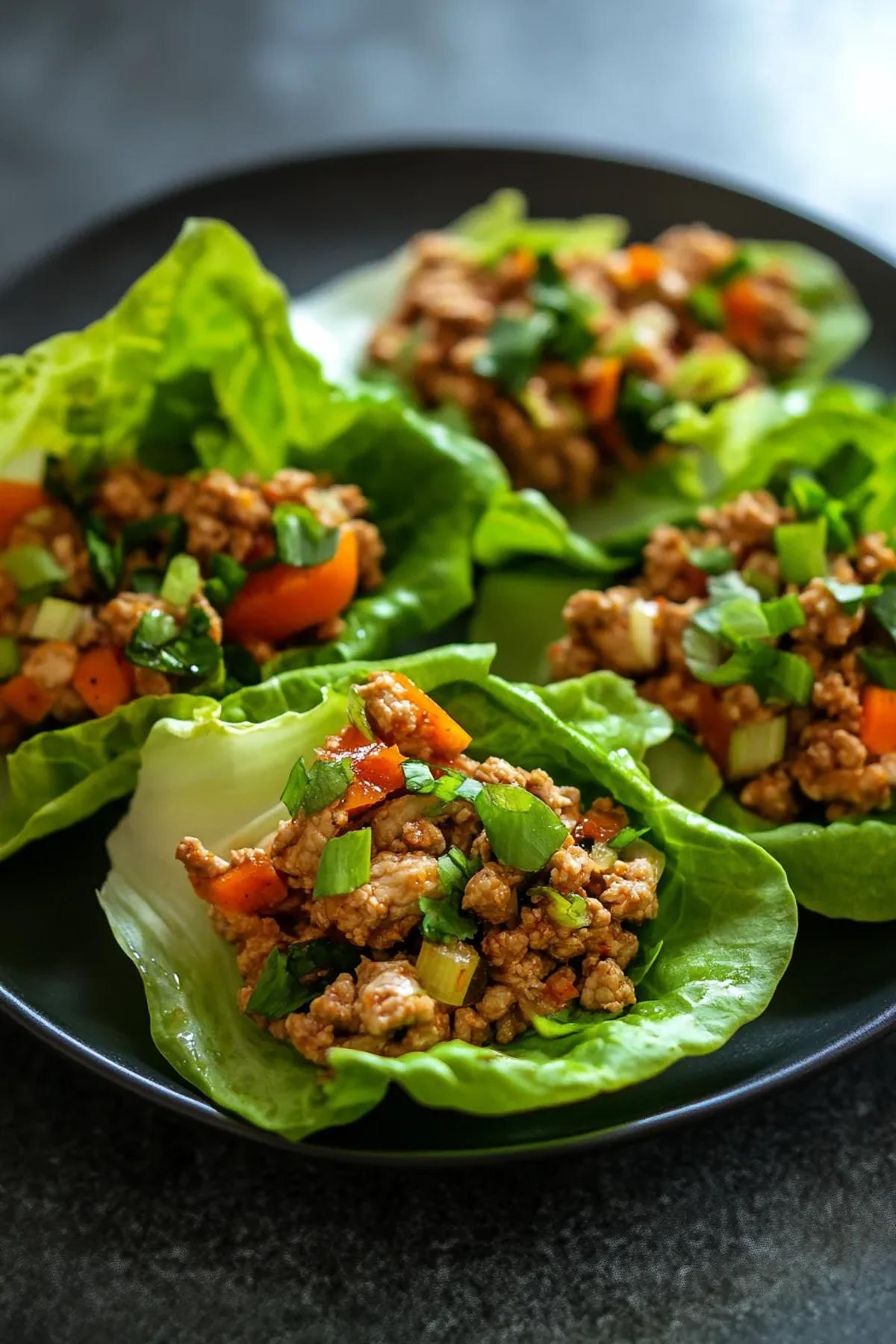 Bright 5 ingredient ground turkey lettuce wraps recipe displayed on a rustic wooden board, featuring golden turkey mixture nestled in crisp butter lettuce leaves, garnished with a sprinkle of sesame seeds and lime wedges card