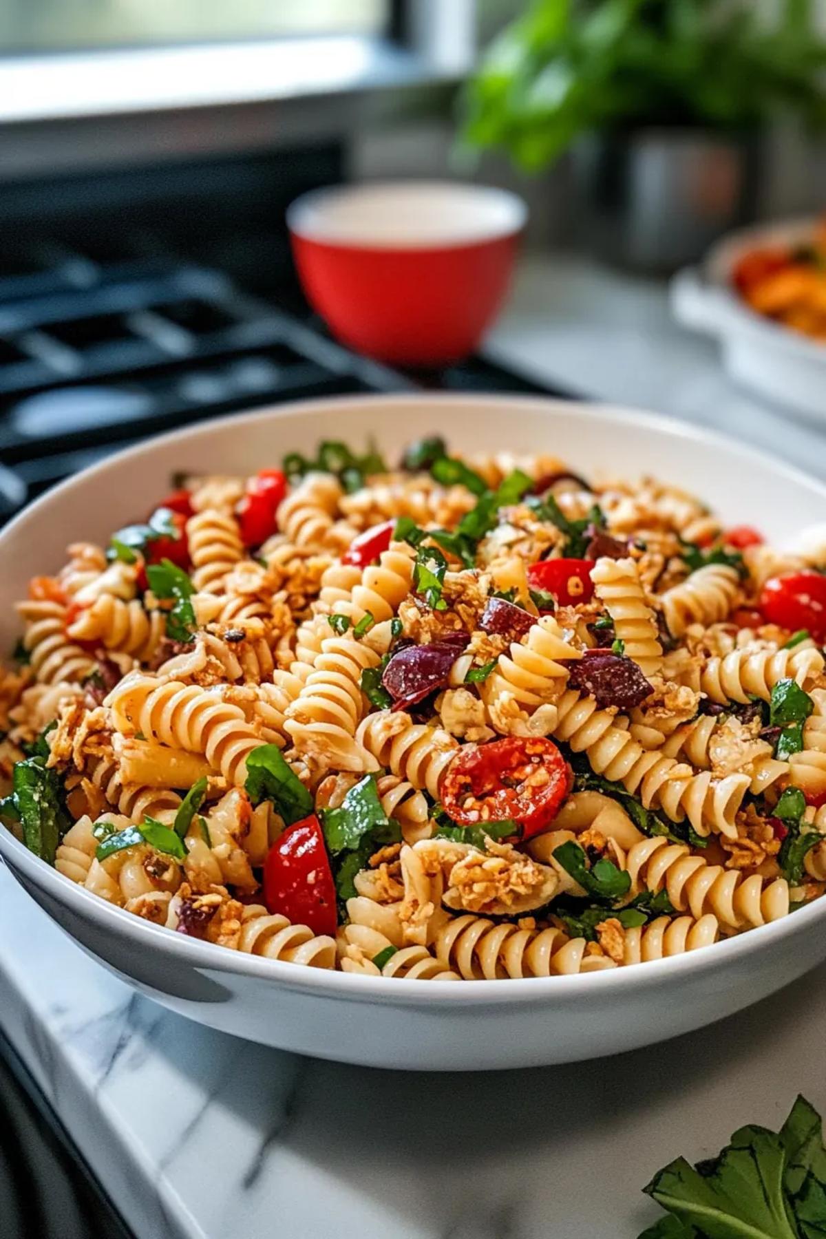 Crispy pasta salad featuring golden toasted pasta tossed with colorful random garden vegetables, bright lemon‑herb dressing, and sprinkled with toasted pine nuts, served on a rustic wooden platter
