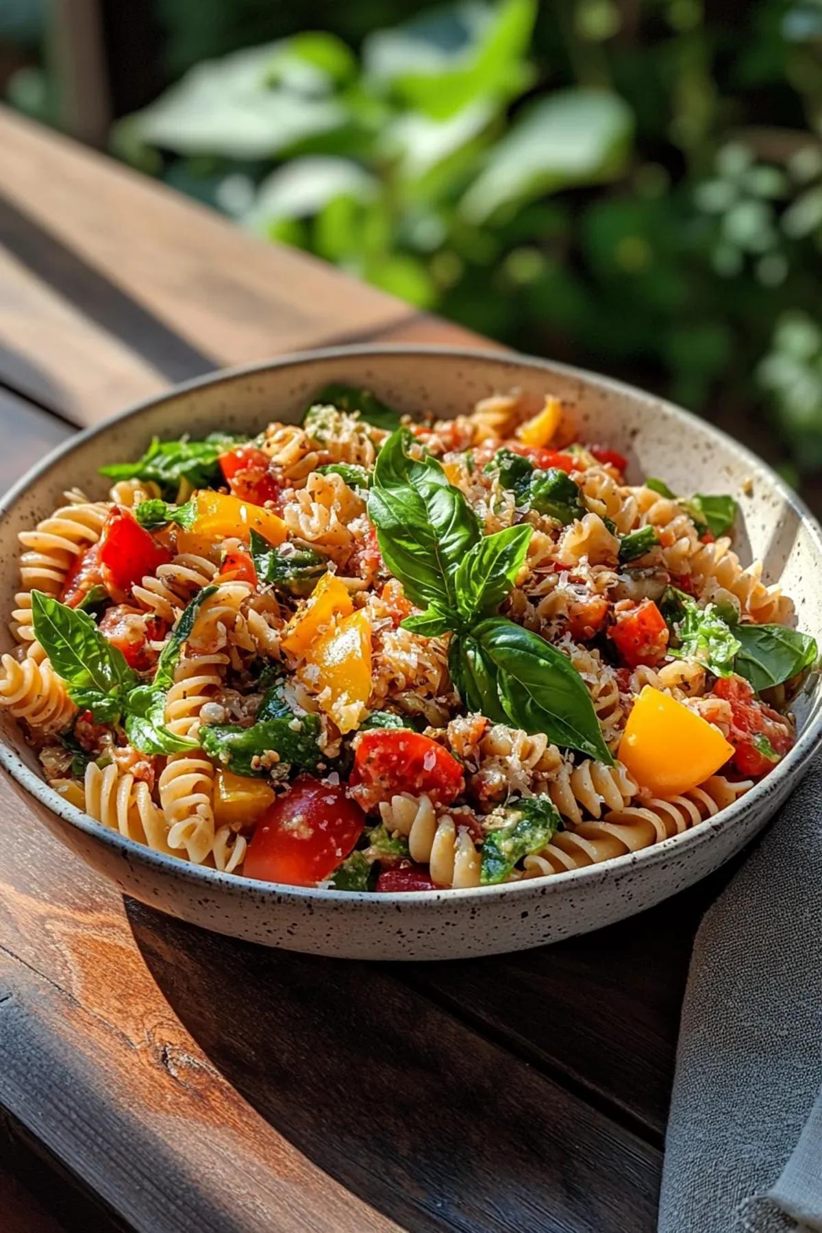 A vibrant crispy pasta salad recipe featuring golden toasted pasta, colorful random vegetables, and a light herb vinaigrette, served in a rustic bowl with fresh herbs scattered on top, evoking a sunny, healthy feast card
