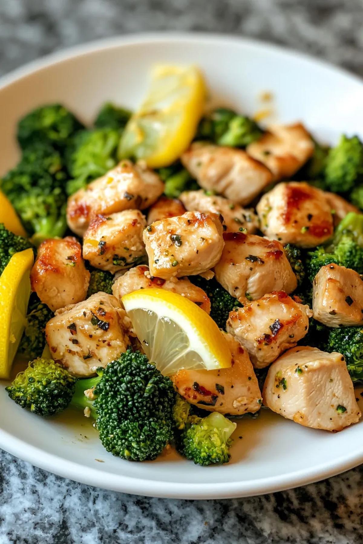 A vibrant high protein broccoli dinner featuring golden garlic‑lemon chicken thighs perched over a bed of emerald broccoli florets, drizzled with olive oil and sprinkled with toasted almond slivers, captured on a rustic wooden platter