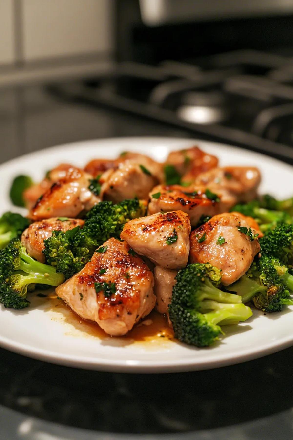 Golden‑seared chicken breast nestled among crisp broccoli florets, tossed with a surprise random ingredient, glistening with a light soy‑ginger glaze on a rustic plate card