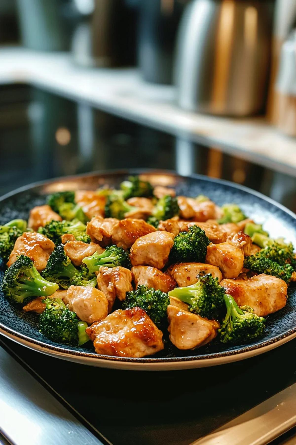 Golden‑seared chicken breast nestled among crisp broccoli florets, tossed with a surprise random ingredient, glistening with a light soy‑ginger glaze on a rustic plate