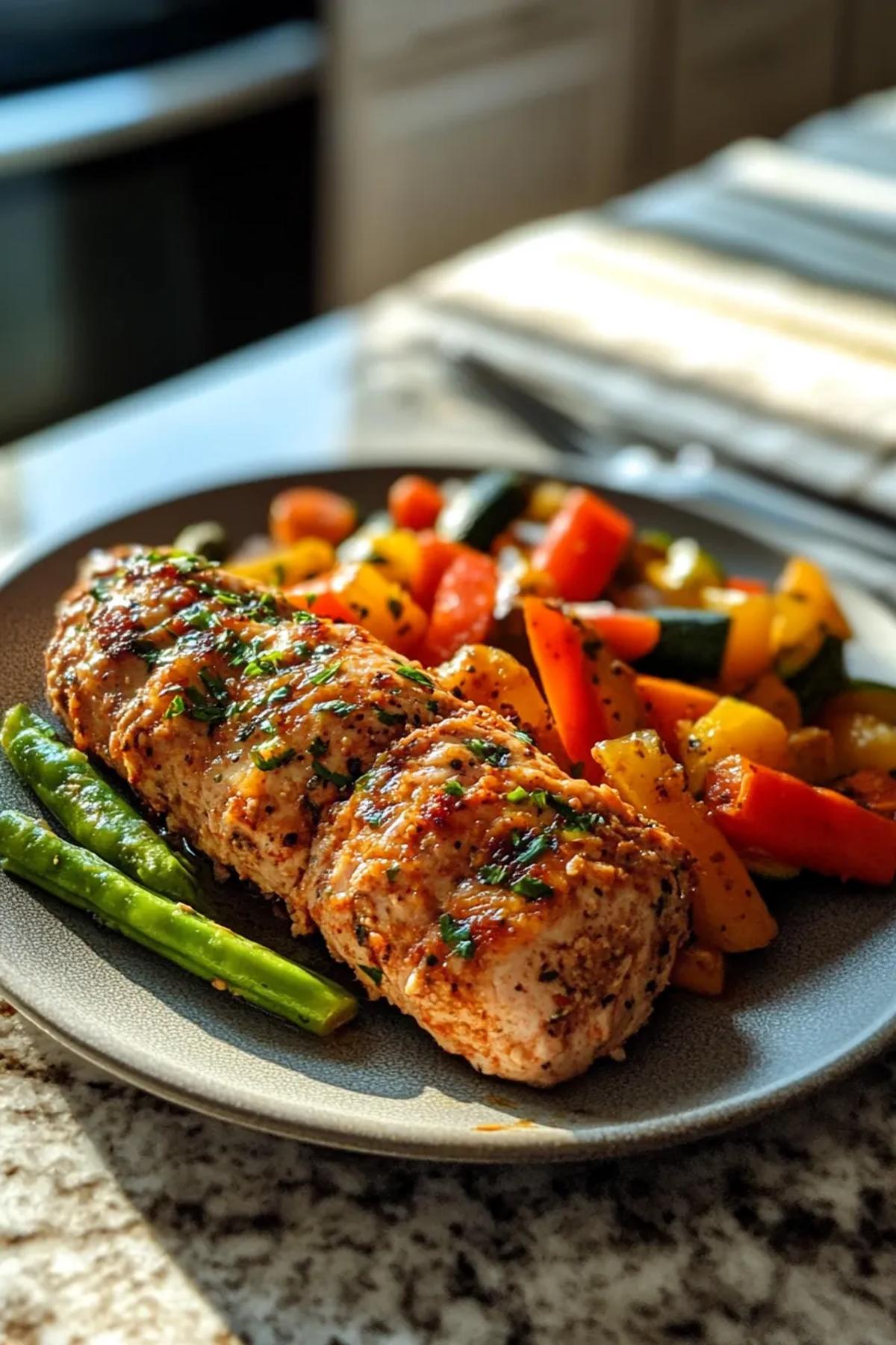 Vibrant high protein ground turkey dinner served in a rustic bowl, layered with golden-brown turkey, colorful random vegetables, and a drizzle of herb‑infused sauce, garnished with fresh parsley and lime wedges