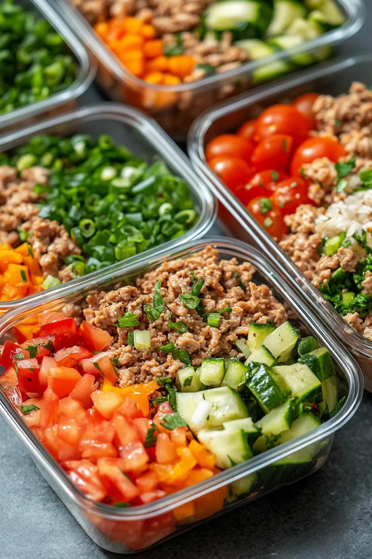 Sun‑kissed high protein ground turkey meal prep bowls brimming with golden turkey, roasted rainbow veggies, fluffy quinoa, and a drizzle of herb‑y yogurt sauce, served in colorful containers on a bright kitchen counter