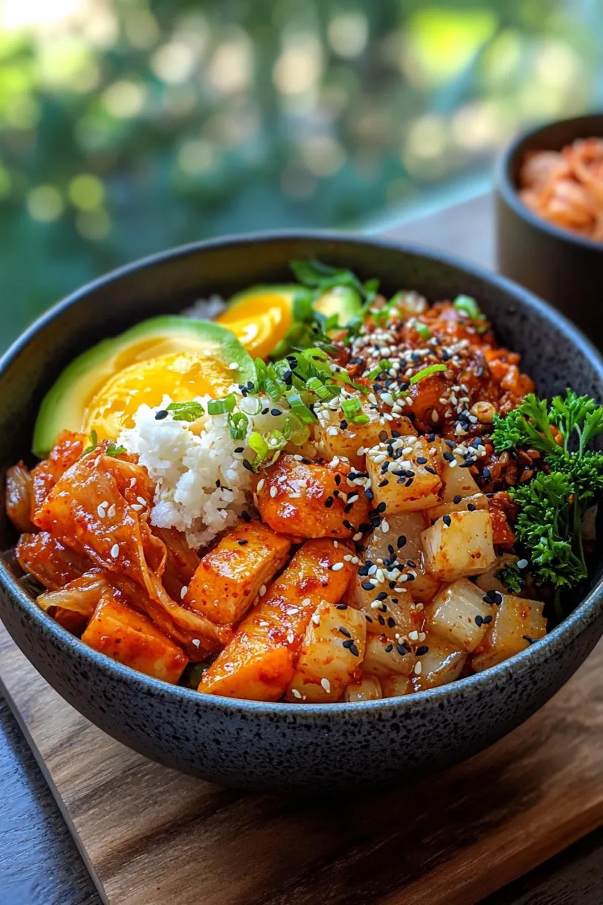 A vibrant high protein kimchi dish presented in a deep bowl, layered with grilled tofu, toasted sesame seeds, sliced avocado, and bright orange kimchi, garnished with scallions and a drizzle of sesame oil. card