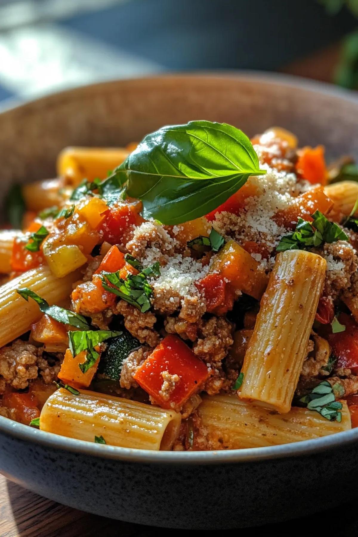 A vibrant bowl of one pot ground turkey pasta, brimming with golden tomatoes, sautéed spinach, and tender turkey morsels, all tossed in a silky herb-infused sauce and garnished with fresh basil. card