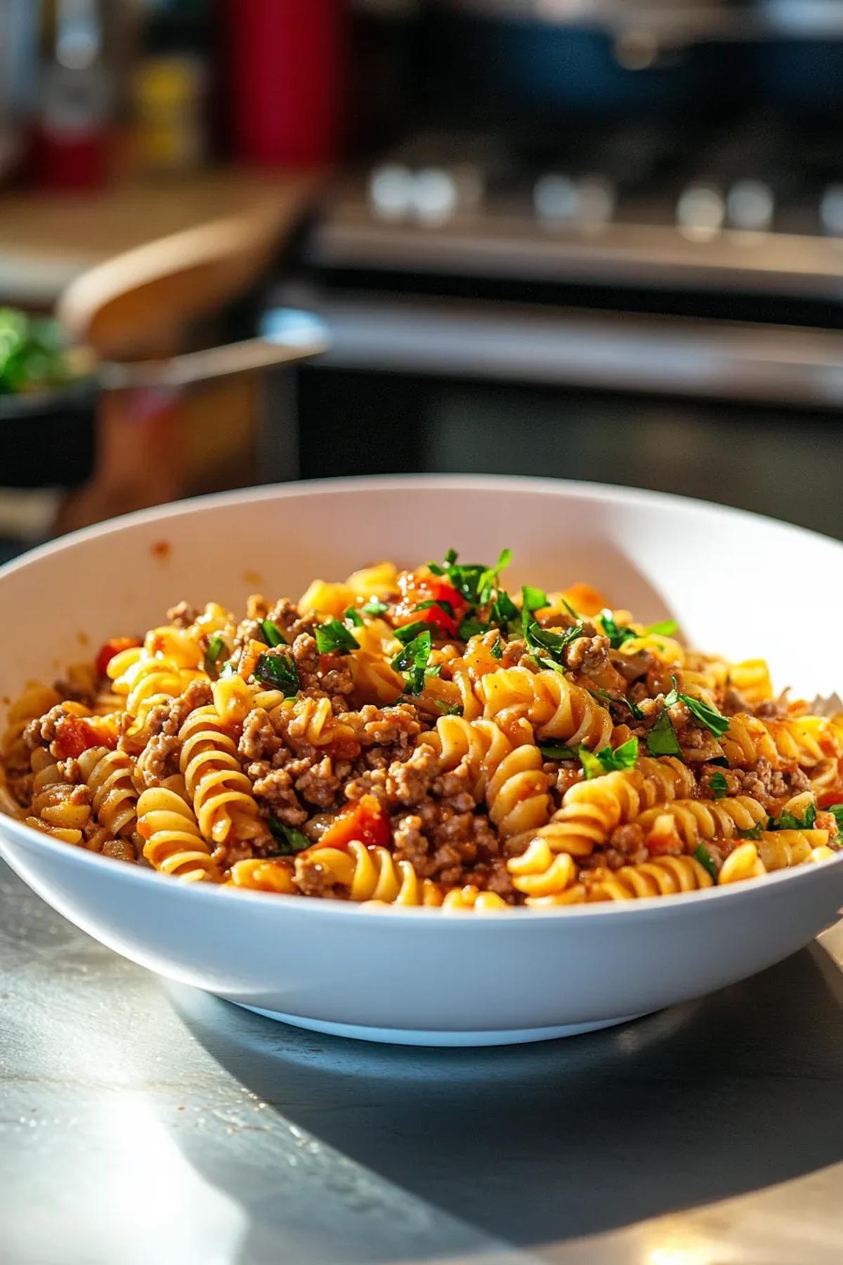 A vibrant bowl of one pot ground turkey pasta avery recipes, golden pasta swirled with sautéed turkey, cherry tomatoes, spinach, and a sprinkle of parmesan, served on a rustic wooden board. card