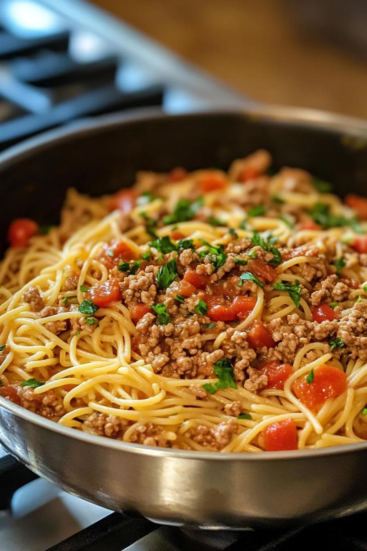 A vibrant bowl of one pot ground turkey pasta avery recipes, golden pasta swirled with sautéed turkey, cherry tomatoes, spinach, and a sprinkle of parmesan, served on a rustic wooden board.