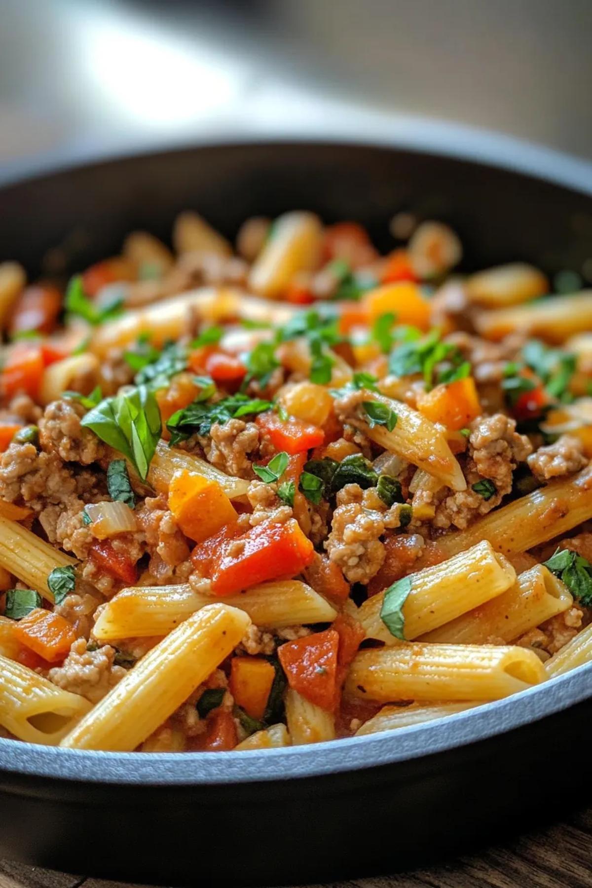A vibrant bowl of one pot ground turkey pasta, brimming with golden tomatoes, sautéed spinach, and tender turkey morsels, all tossed in a silky herb-infused sauce and garnished with fresh basil.