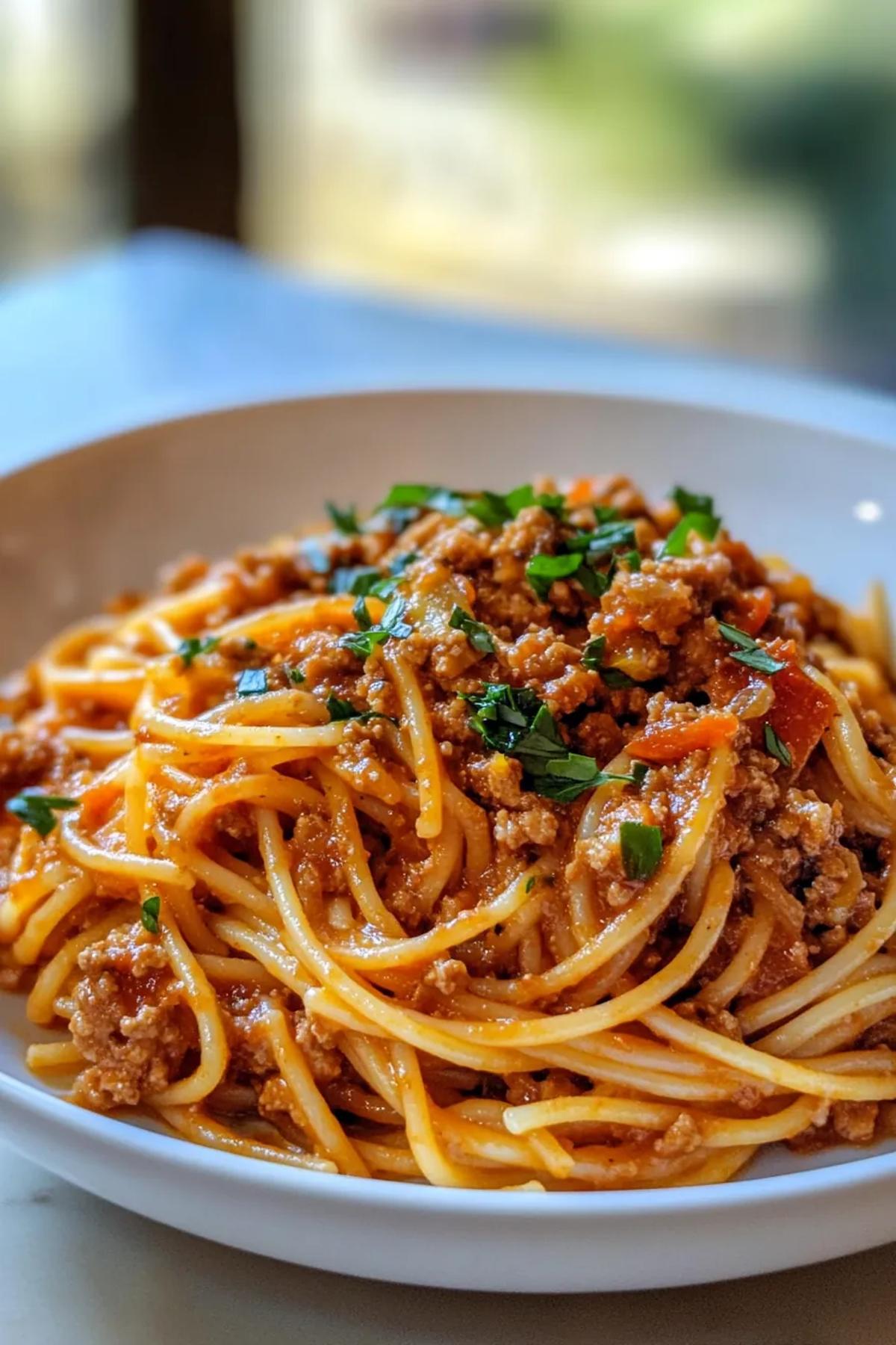 A vibrant bowl of one pot easy ground turkey pasta recipes, with golden pasta, juicy turkey crumbles, roasted red peppers, and a sprinkle of fresh basil, captured from a sunny kitchen countertop. card