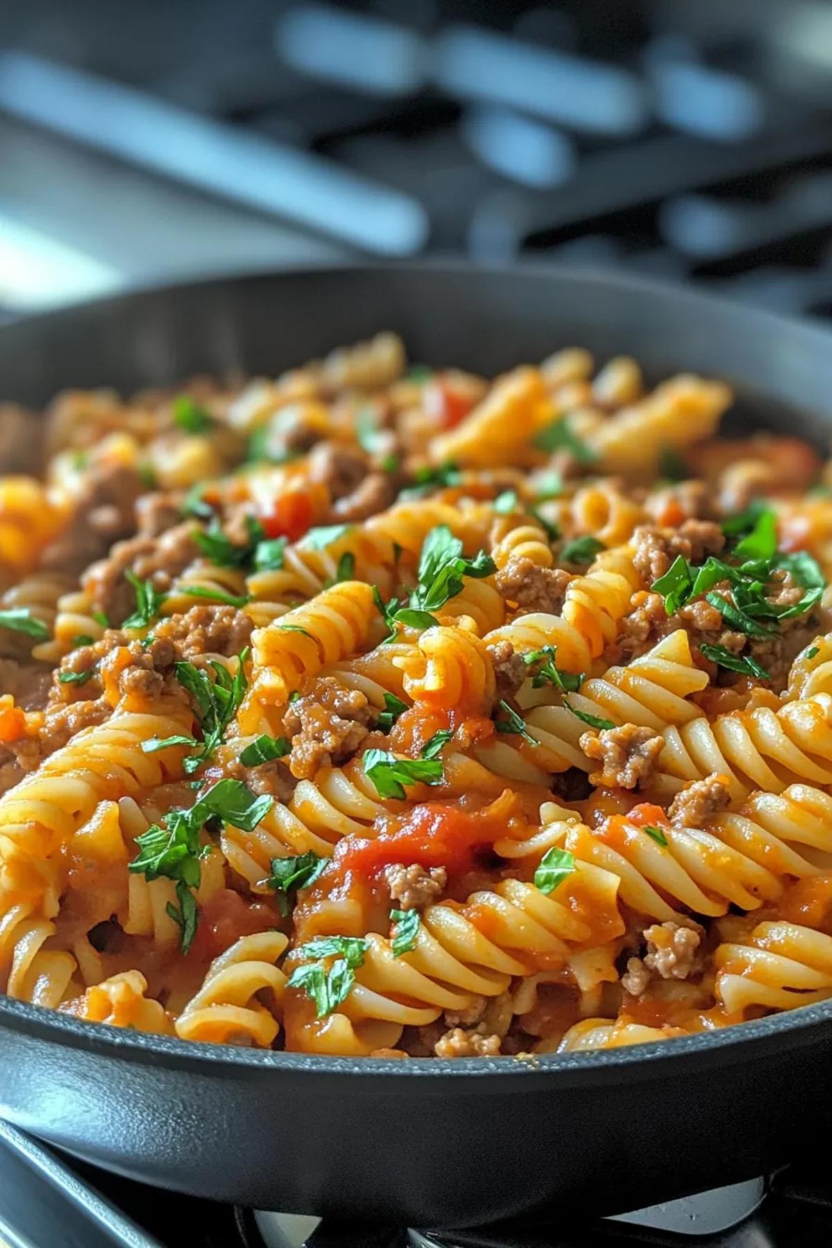 Golden one pot easy ground turkey pasta simmered with bright tomatoes, fresh basil, and a splash of cream, served in a rustic bowl, showcasing the simplicity of few‑ingredient comfort cooking card