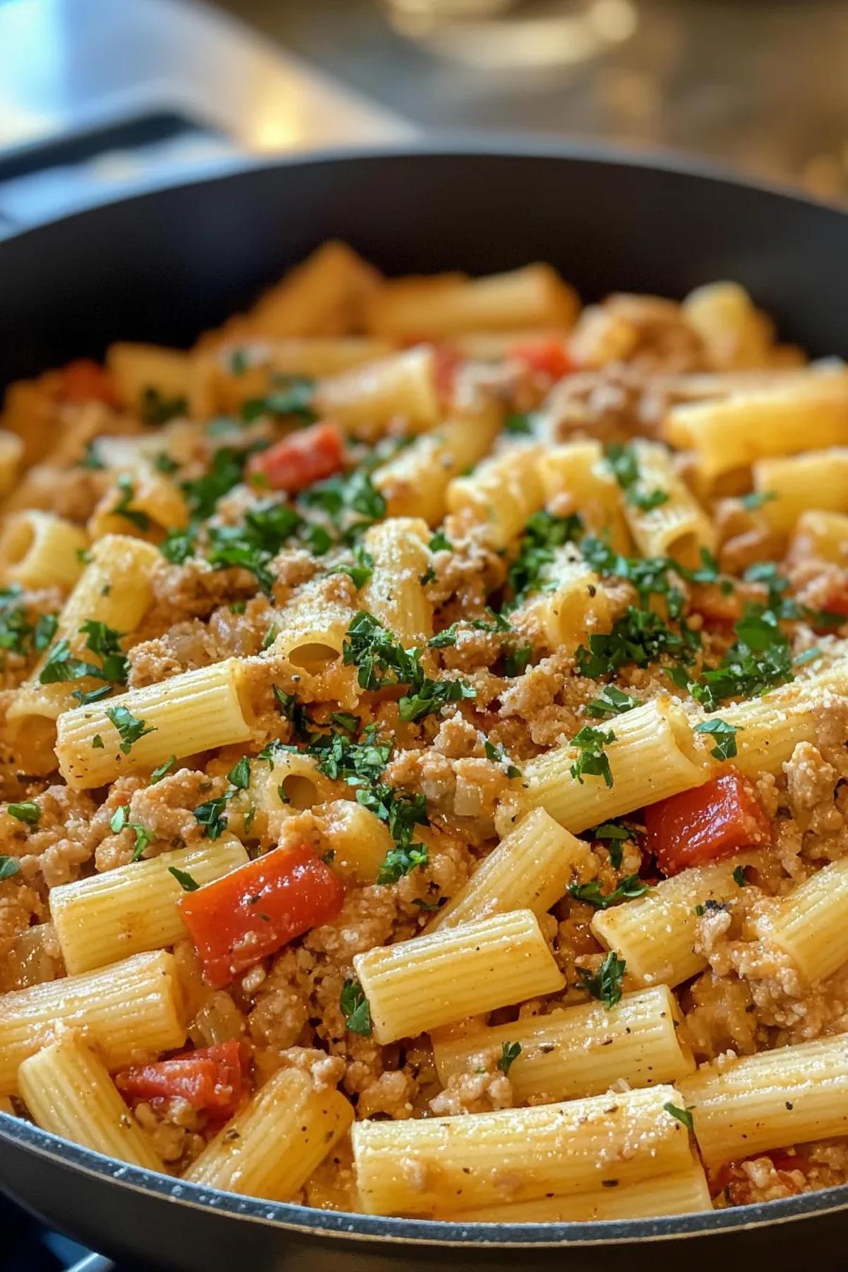 Golden one pot easy ground turkey pasta simmered with bright tomatoes, fresh basil, and a splash of cream, served in a rustic bowl, showcasing the simplicity of few‑ingredient comfort cooking
