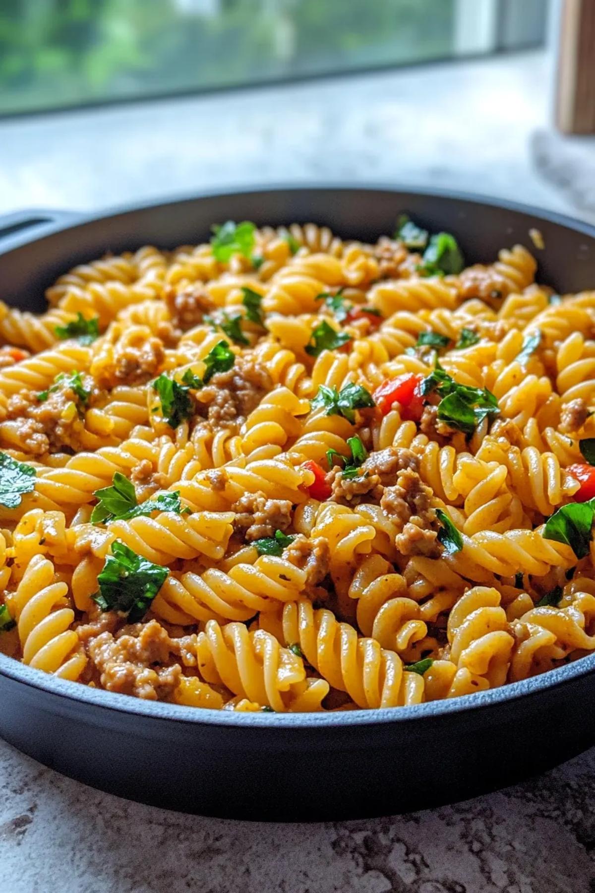 A vibrant bowl of one pot easy ground turkey pasta recipes, with golden pasta, juicy turkey crumbles, roasted red peppers, and a sprinkle of fresh basil, captured from a sunny kitchen countertop.