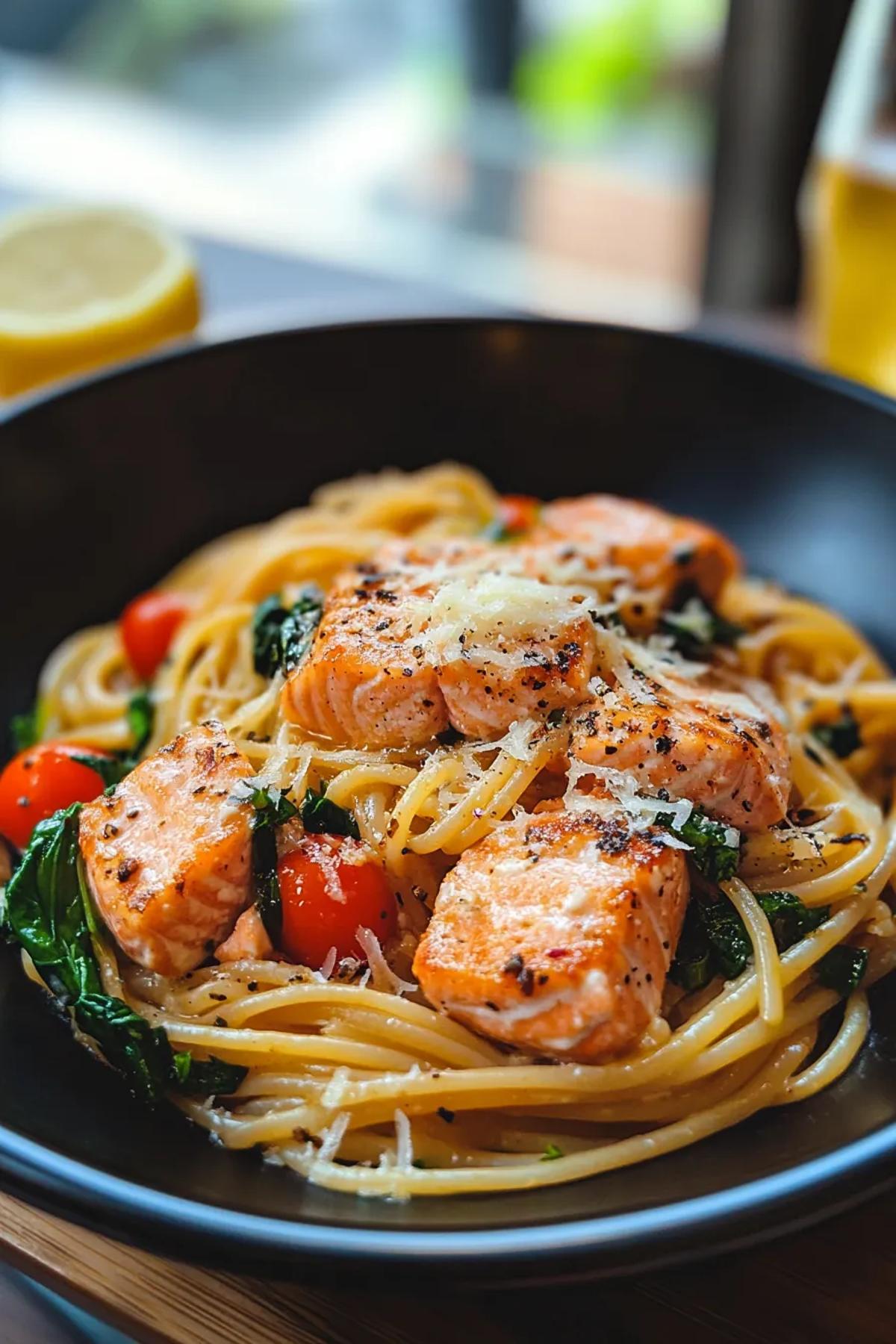 A vibrant bowl of one pot salmon pasta healthy, featuring pink flaky salmon, bright orange cherry tomatoes, emerald spinach, and creamy whole‑grain noodles, all glistening with a lemon‑herb sauce. card