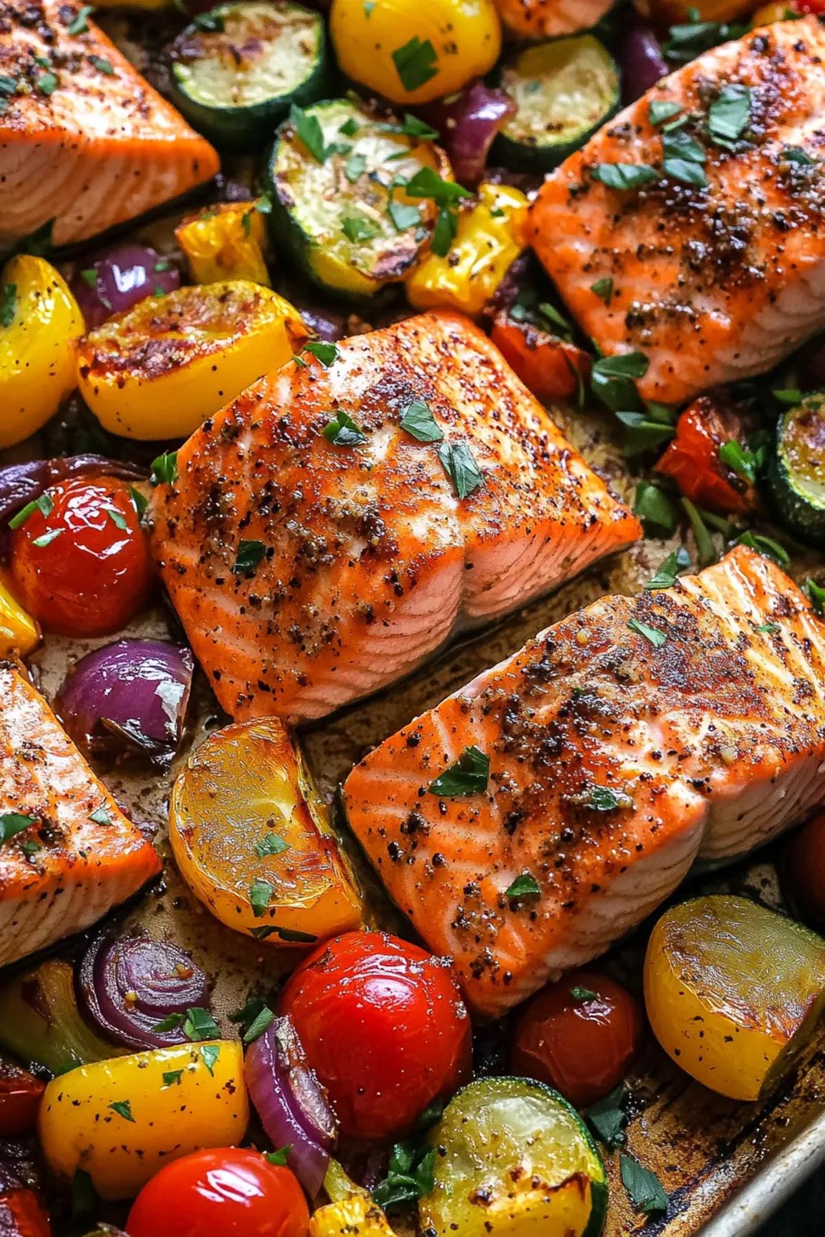 Golden‑brown salmon fillets nestled among caramelized carrots, zucchini, and bell peppers on a single sheet pan, finished with a sprinkle of random herb and a glossy drizzle of lemon‑garlic oil, ready to serve. card