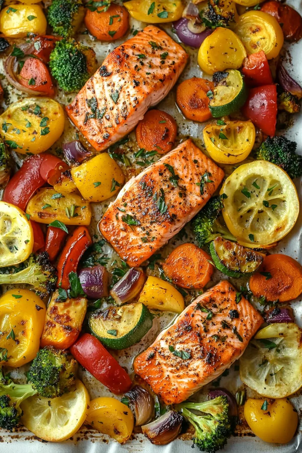 Golden‑brown salmon fillets nestled among caramelized carrots, zucchini, and bell peppers on a single sheet pan, finished with a sprinkle of random herb and a glossy drizzle of lemon‑garlic oil, ready to serve.