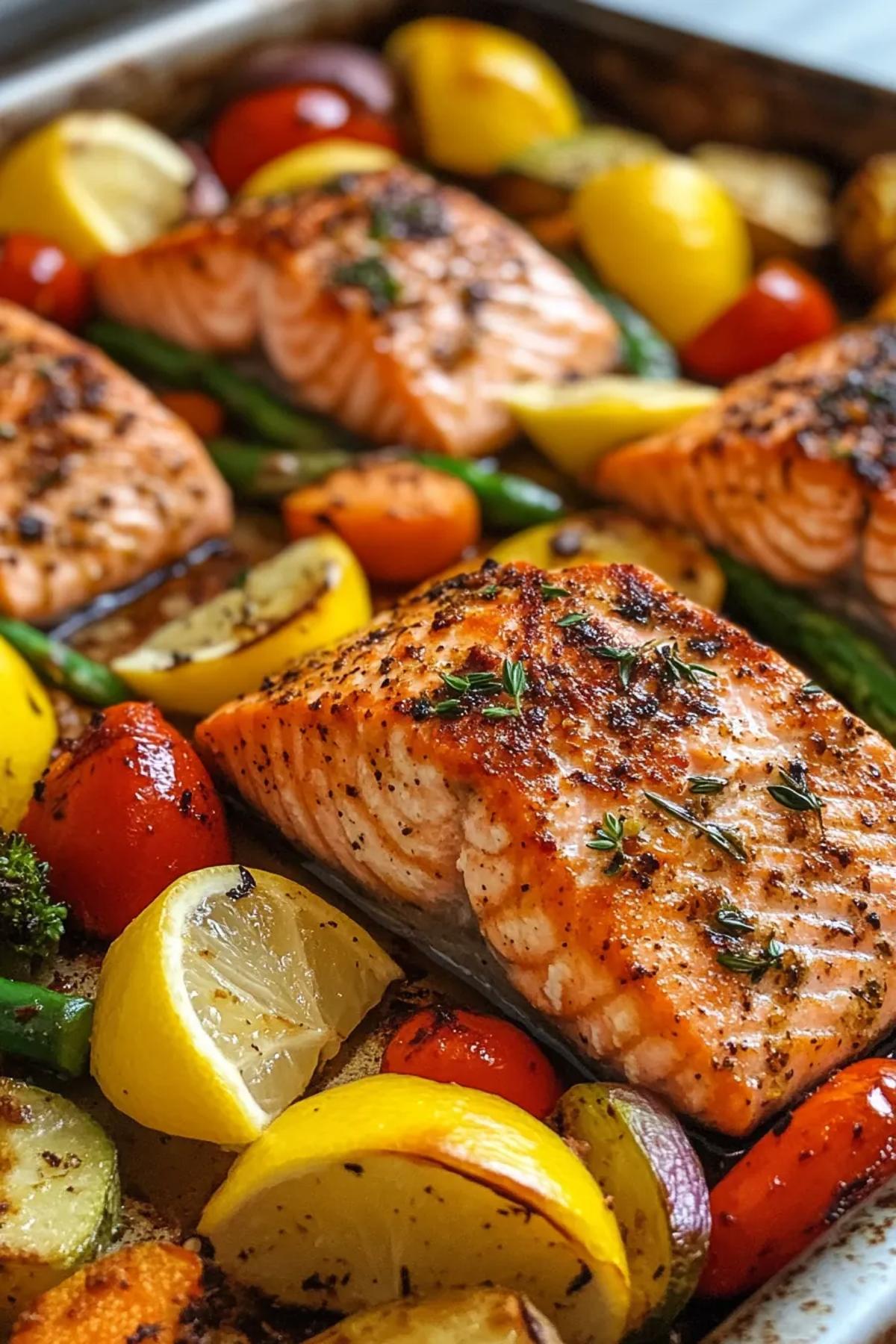 Golden‑brown sheet pan frozen salmon and veggies roasted on a crisp parchment, speckled with random herb flecks, caramelized carrots, and tender broccoli, served on a rustic wooden board. card