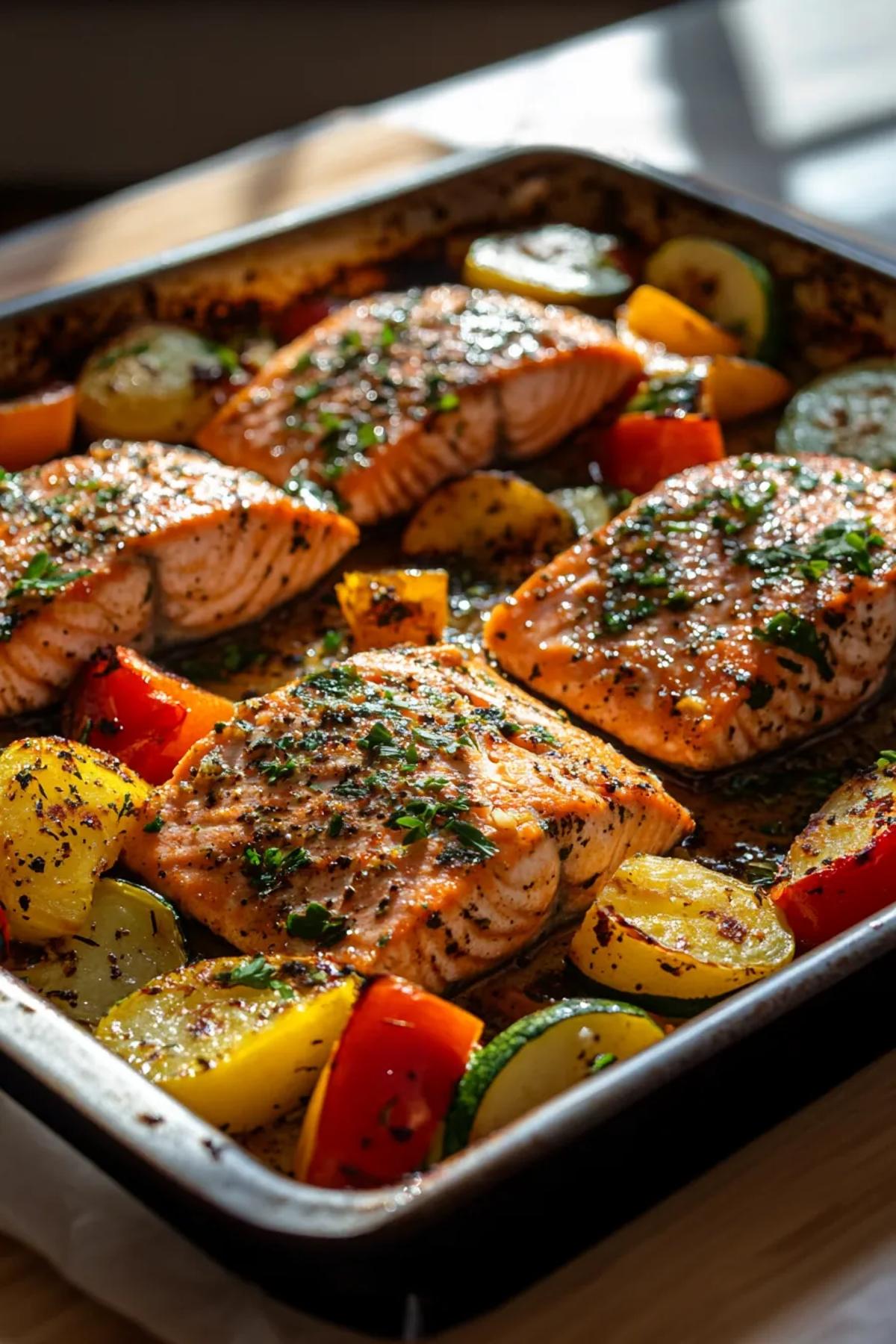 Golden‑brown sheet pan frozen salmon and veggies roasted on a crisp parchment, speckled with random herb flecks, caramelized carrots, and tender broccoli, served on a rustic wooden board.