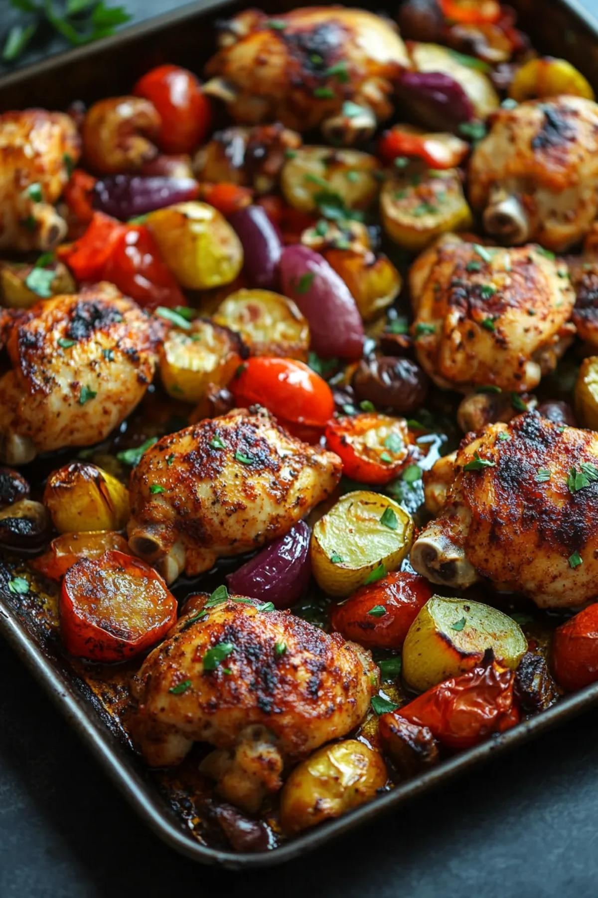 Crispy sheet pan harissa chicken and veggies on a rustic tray, golden-brown chicken thighs glistening with fiery red harissa, surrounded by roasted carrots, zucchini, and red onions, garnished with fresh cilantro and lemon wedges card