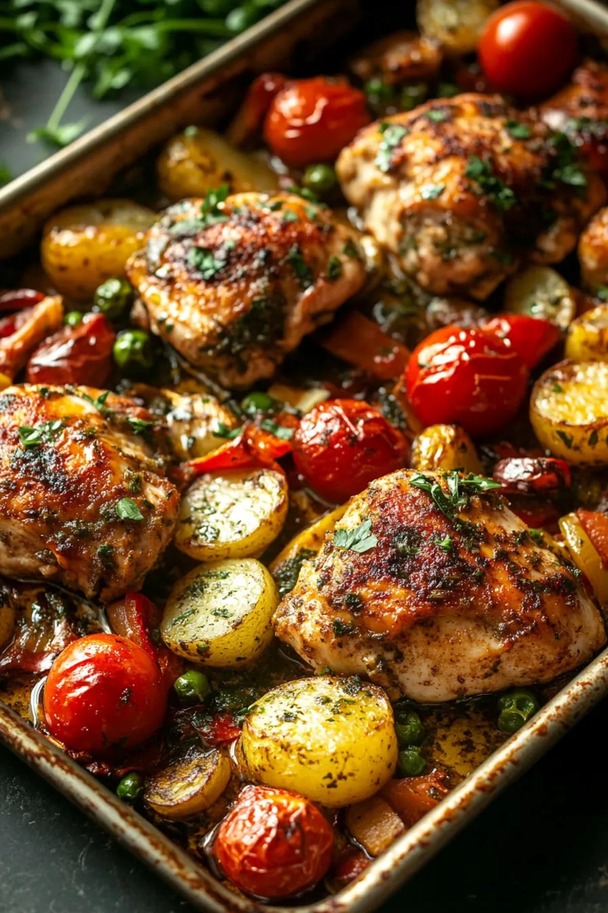 Crispy sheet pan harissa chicken and veggies on a rustic tray, golden-brown chicken thighs glistening with fiery red harissa, surrounded by roasted carrots, zucchini, and red onions, garnished with fresh cilantro and lemon wedges