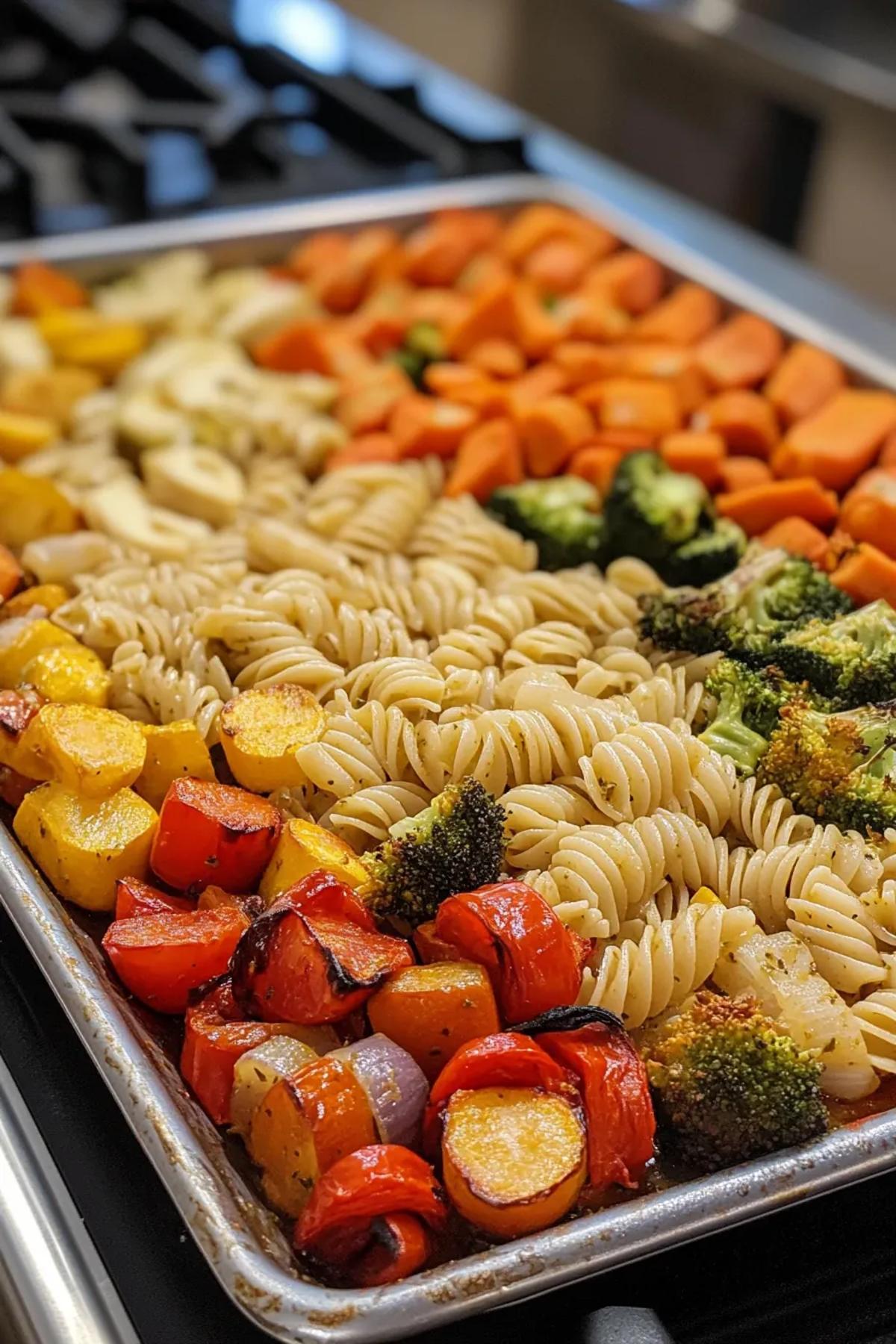 Golden sheet pan pasta vegetarian tossed with roasted cherry tomatoes, zucchini, bell peppers, and fresh basil, garnished with shaved Parmesan and a drizzle of olive oil, served on a rustic wooden board. card