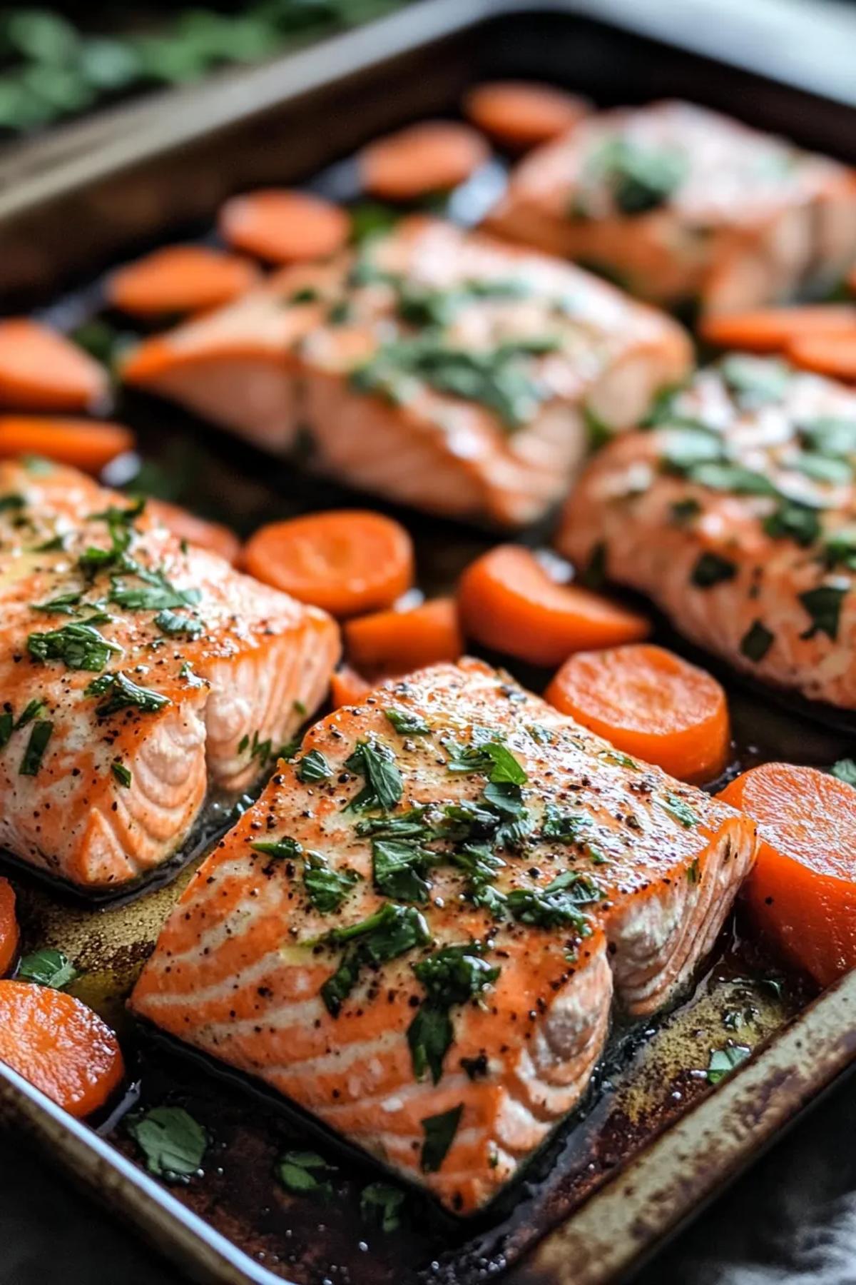 Golden‑browned salmon fillets perched atop a glossy bed of roasted carrots and specks of fresh herb on a sheet pan, steam rising against a sun‑lit kitchen backdrop, showcasing the vibrant orange of carrots and pink of flaky salmon. card