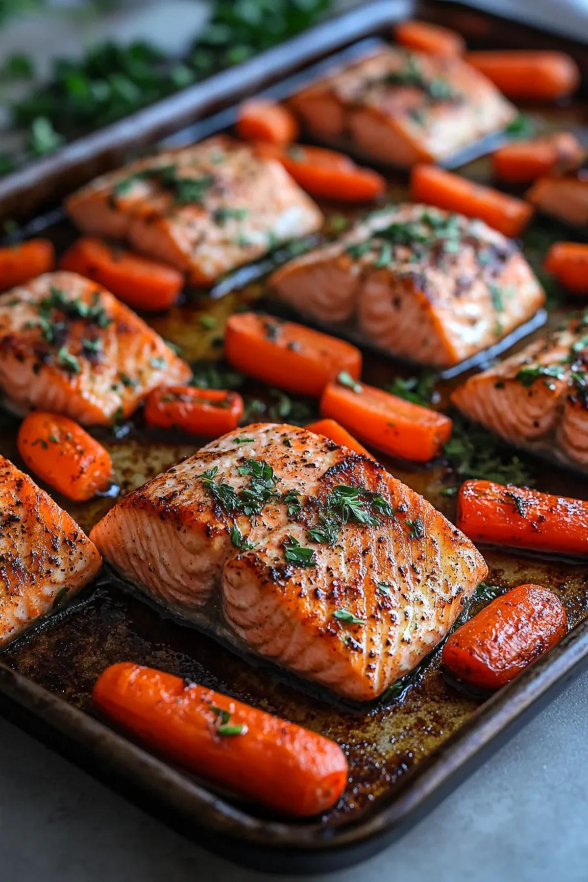 Golden‑browned salmon fillets perched atop a glossy bed of roasted carrots and specks of fresh herb on a sheet pan, steam rising against a sun‑lit kitchen backdrop, showcasing the vibrant orange of carrots and pink of flaky salmon.