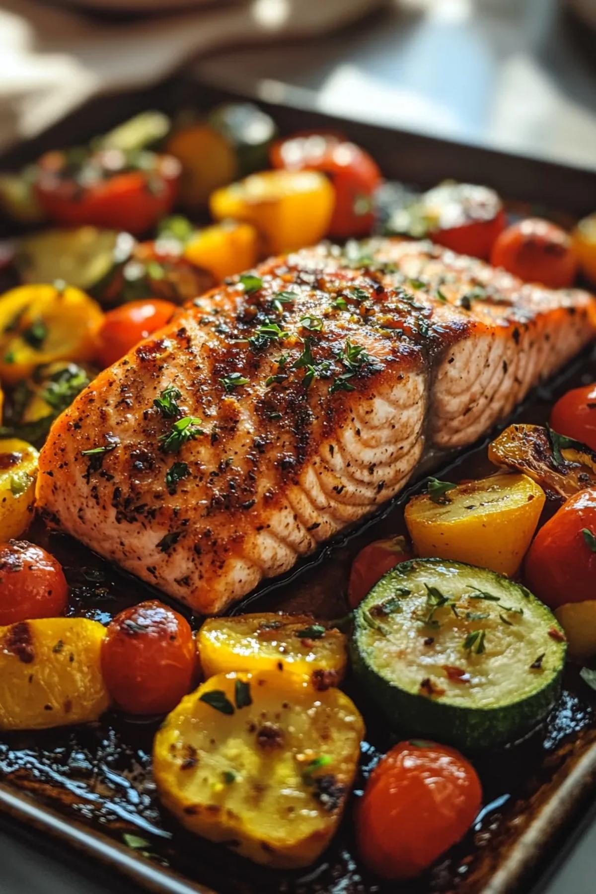 Golden‑browned salmon fillets perched on a sheet pan alongside caramelized carrots, broccoli florets, and colorful bell peppers, drizzled with lemon‑herb glaze and garnished with fresh parsley for a vibrant, healthy dinner presentation card