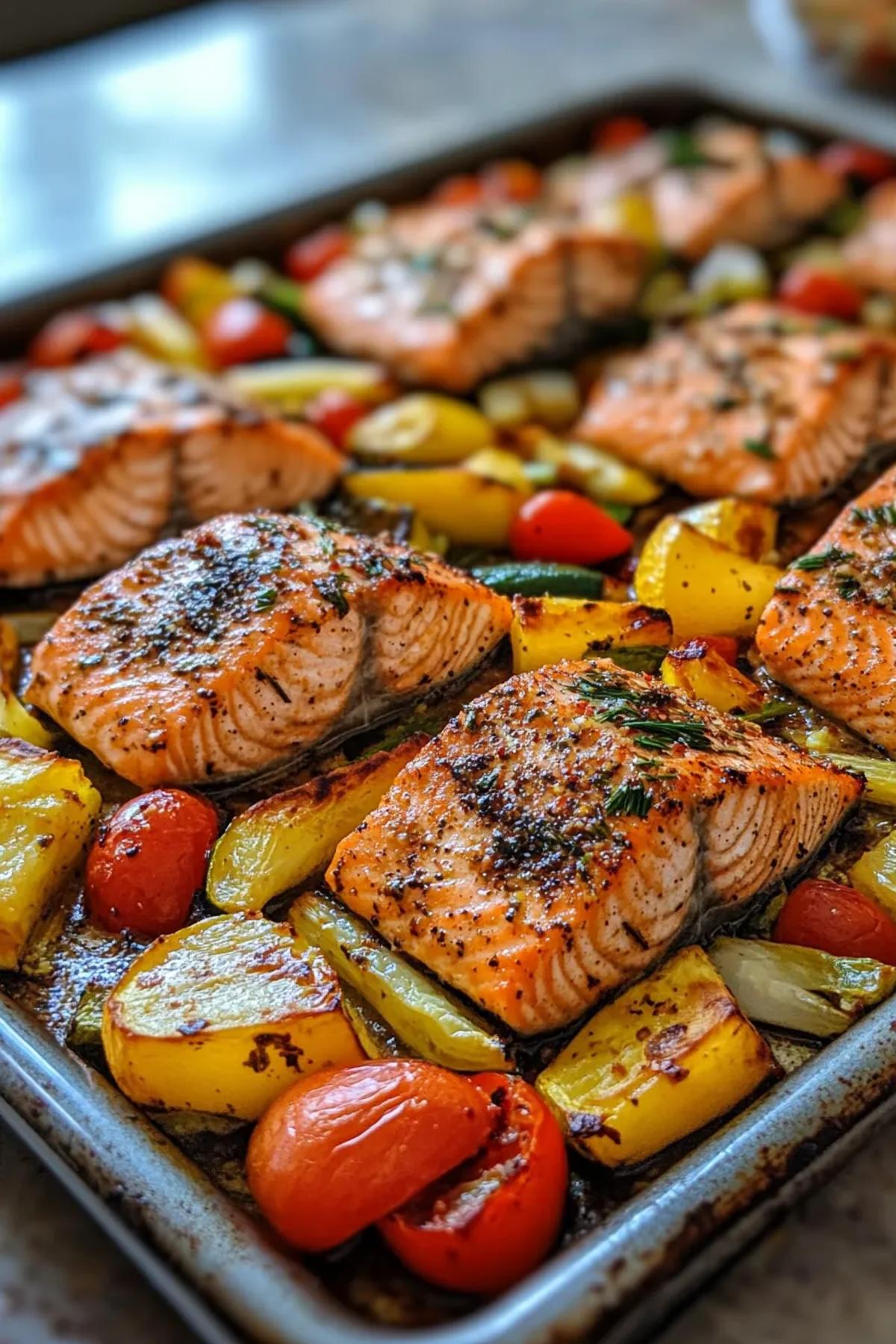 Golden‑browned salmon fillets perched on a sheet pan alongside caramelized carrots, broccoli florets, and colorful bell peppers, drizzled with lemon‑herb glaze and garnished with fresh parsley for a vibrant, healthy dinner presentation