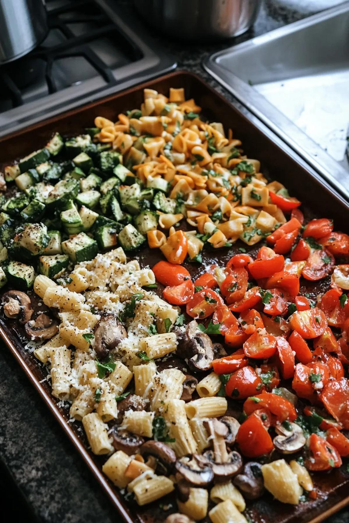 Golden sheet pan veggies and pasta tossed with olive oil, fresh herbs, and roasted cherry tomatoes, served in a rustic skillet with a glossy garlic‑herb drizzle card