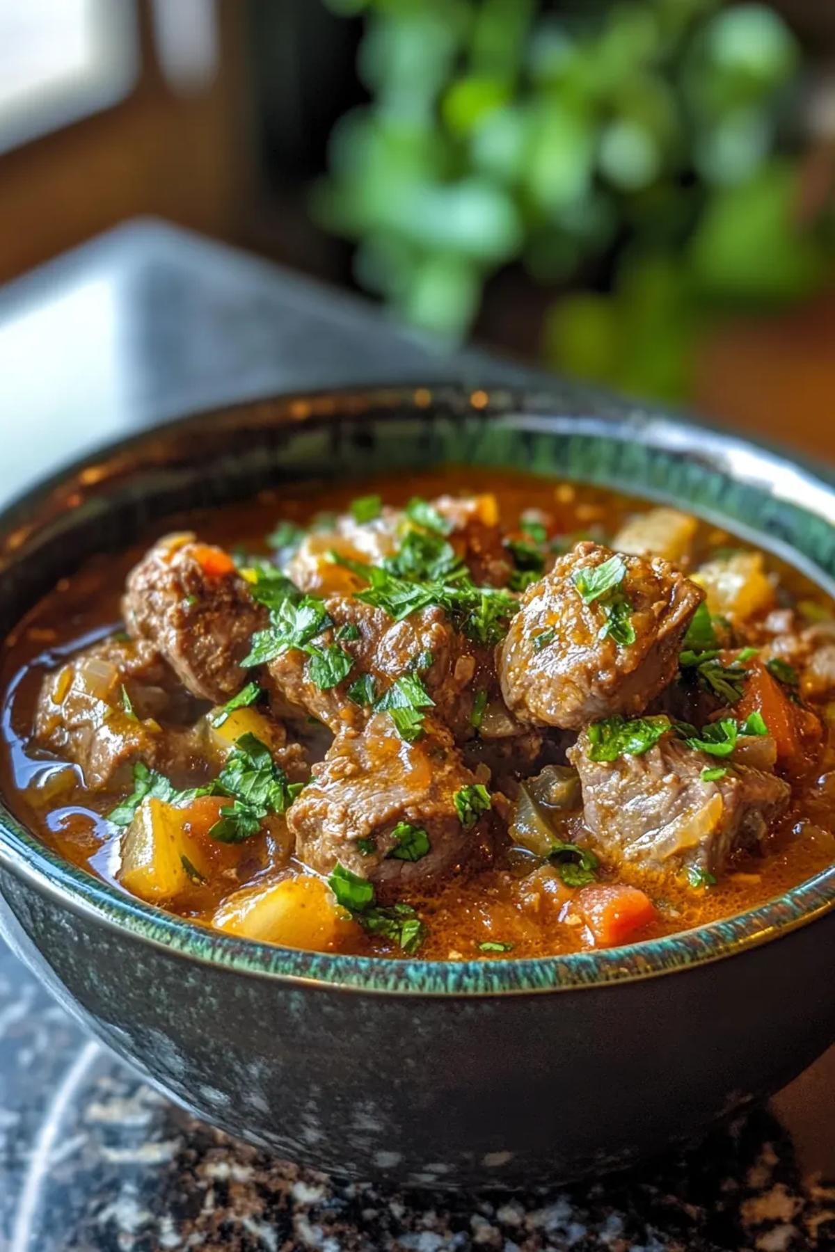 Golden slow cooked harissa lamb stew simmering in a rustic pot, speckled with caramelized onions, bright red harissa, and fresh herbs, served with fluffy couscous on a wooden board card