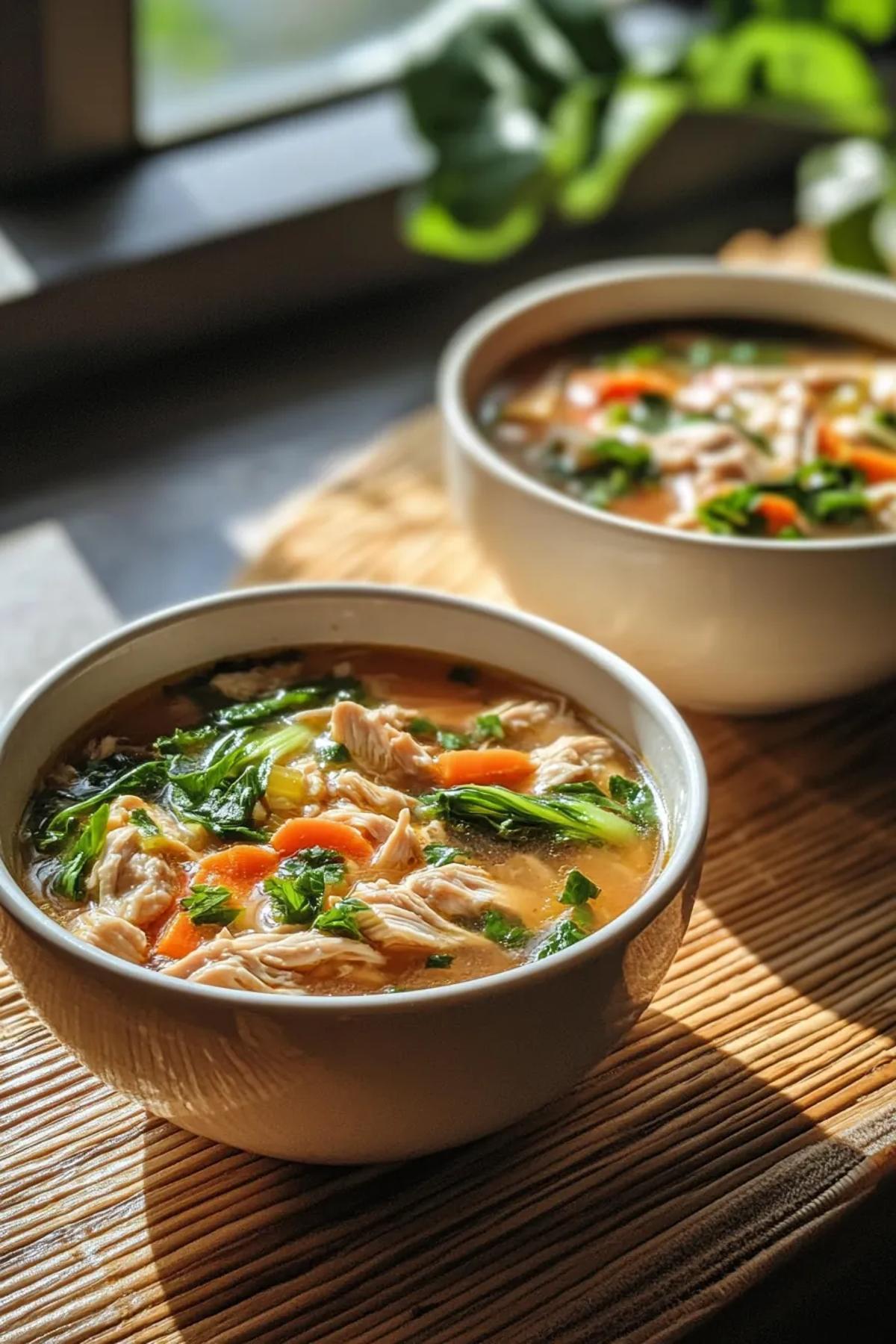 A steaming bowl of slow cooker chicken and bok choy soup, showcasing tender shredded chicken, bright green bok choy leaves, and a golden broth garnished with sliced scallions and sesame seeds on a rustic wooden table