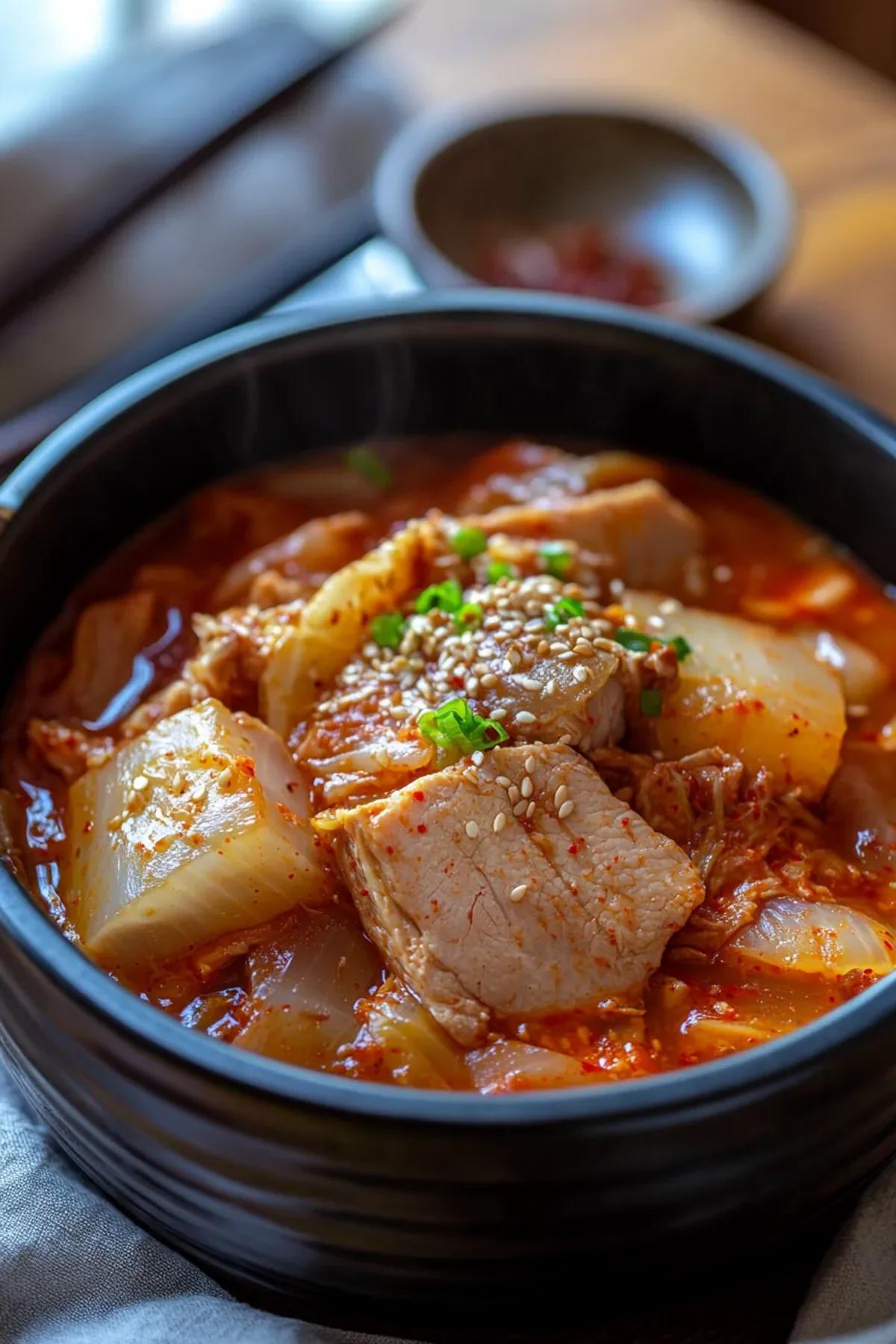 A steaming bowl of slow cooker kimchi jjigae showcasing rich red broth, tender pork belly, soft tofu cubes, and bright green scallions, served with a side of steamed rice on a rustic wooden table. card