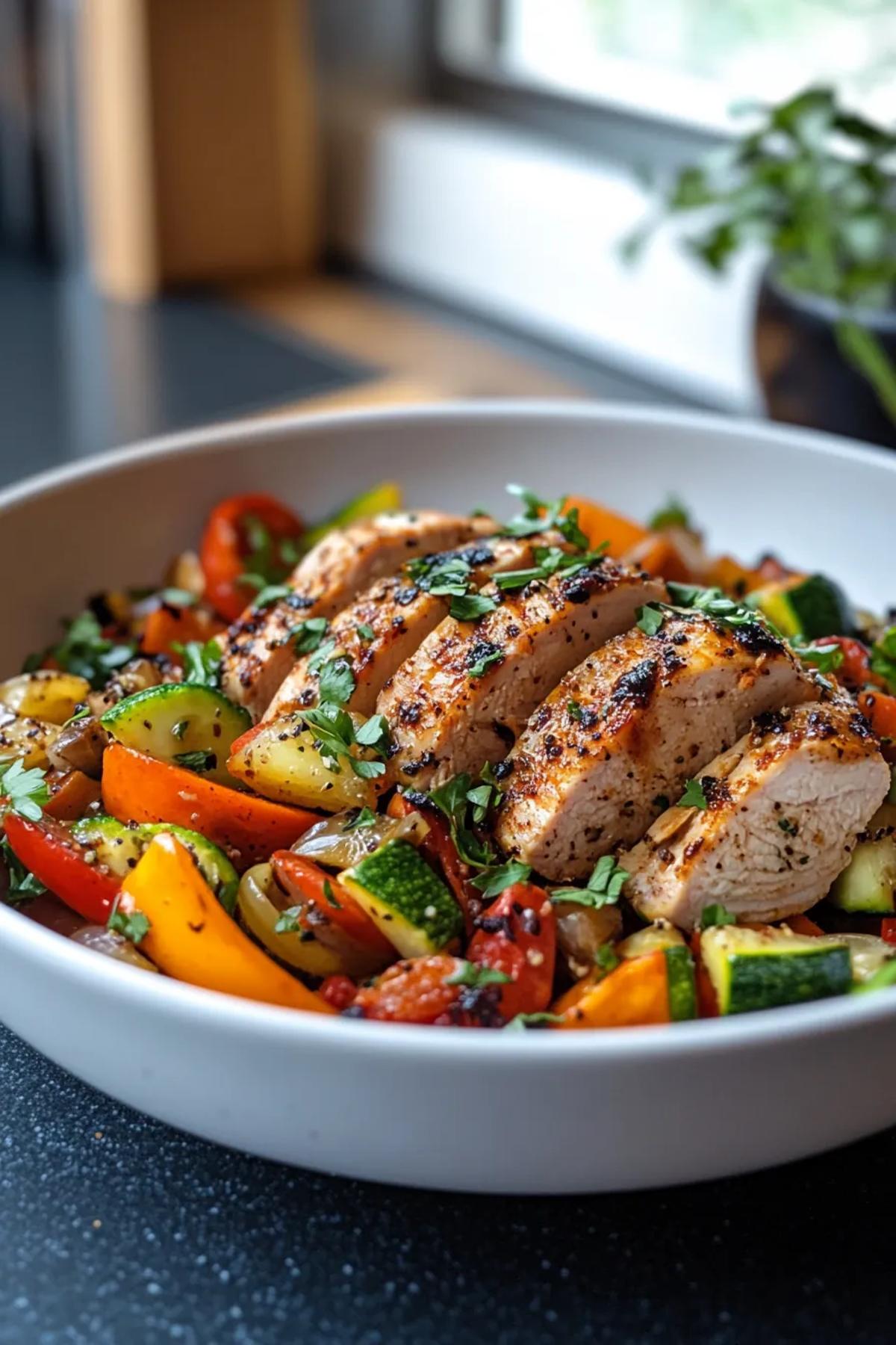 Sun‑Kissed Turkey & Veggie Medley plated on a rustic ceramic bowl, showcasing golden‑browned ground turkey, colorful bell peppers, fresh spinach, and a drizzle of lemon‑herb sauce, embodying healthy high protein ground turkey recipes with vivid summer colors card