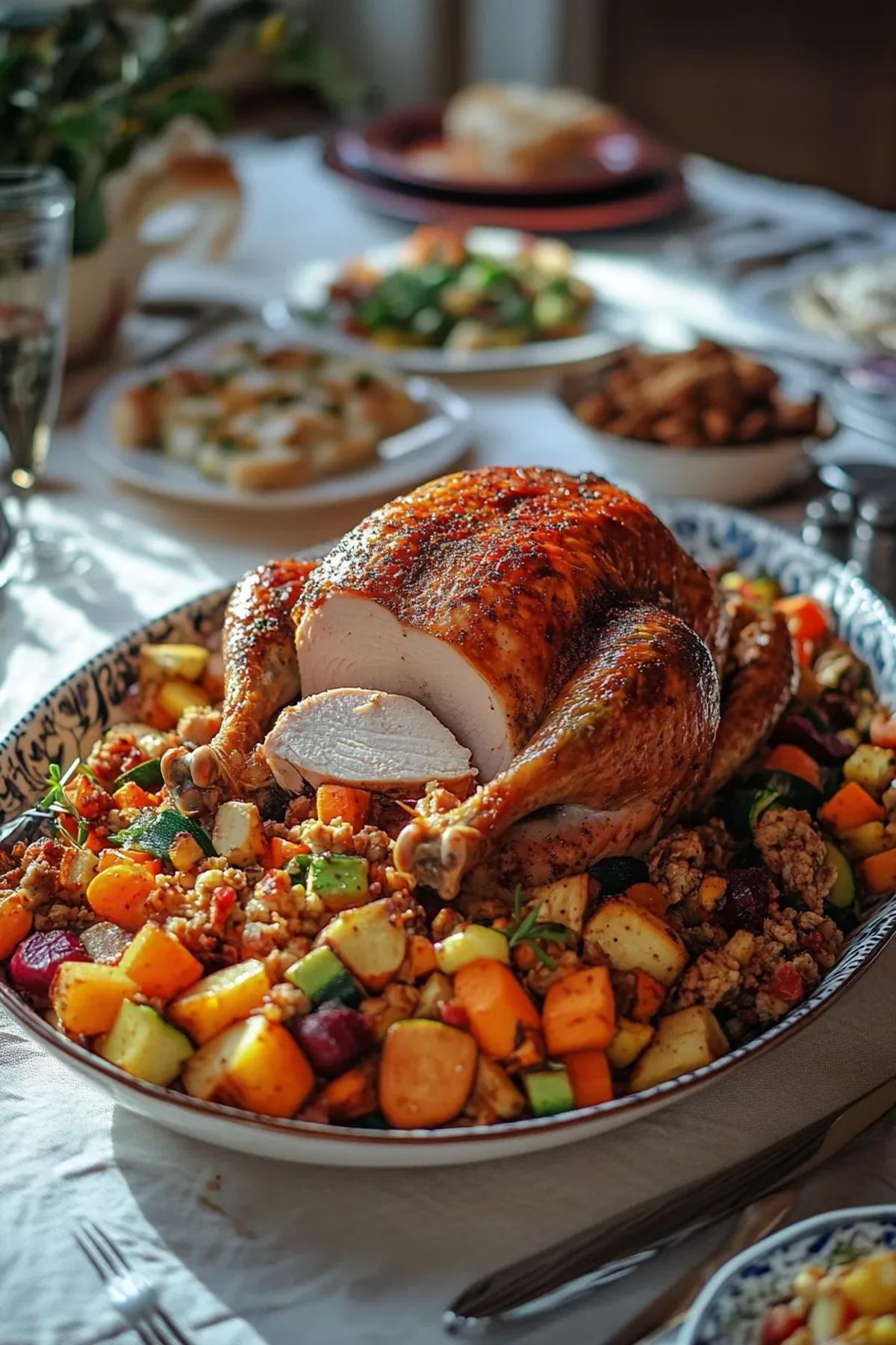 Golden‑brown turkey and colorful vegetable medley served on a rustic wooden platter, showcasing the vibrant reds, greens, and yellows of fresh produce, a perfect gluten free ground turkey dishes highlight card