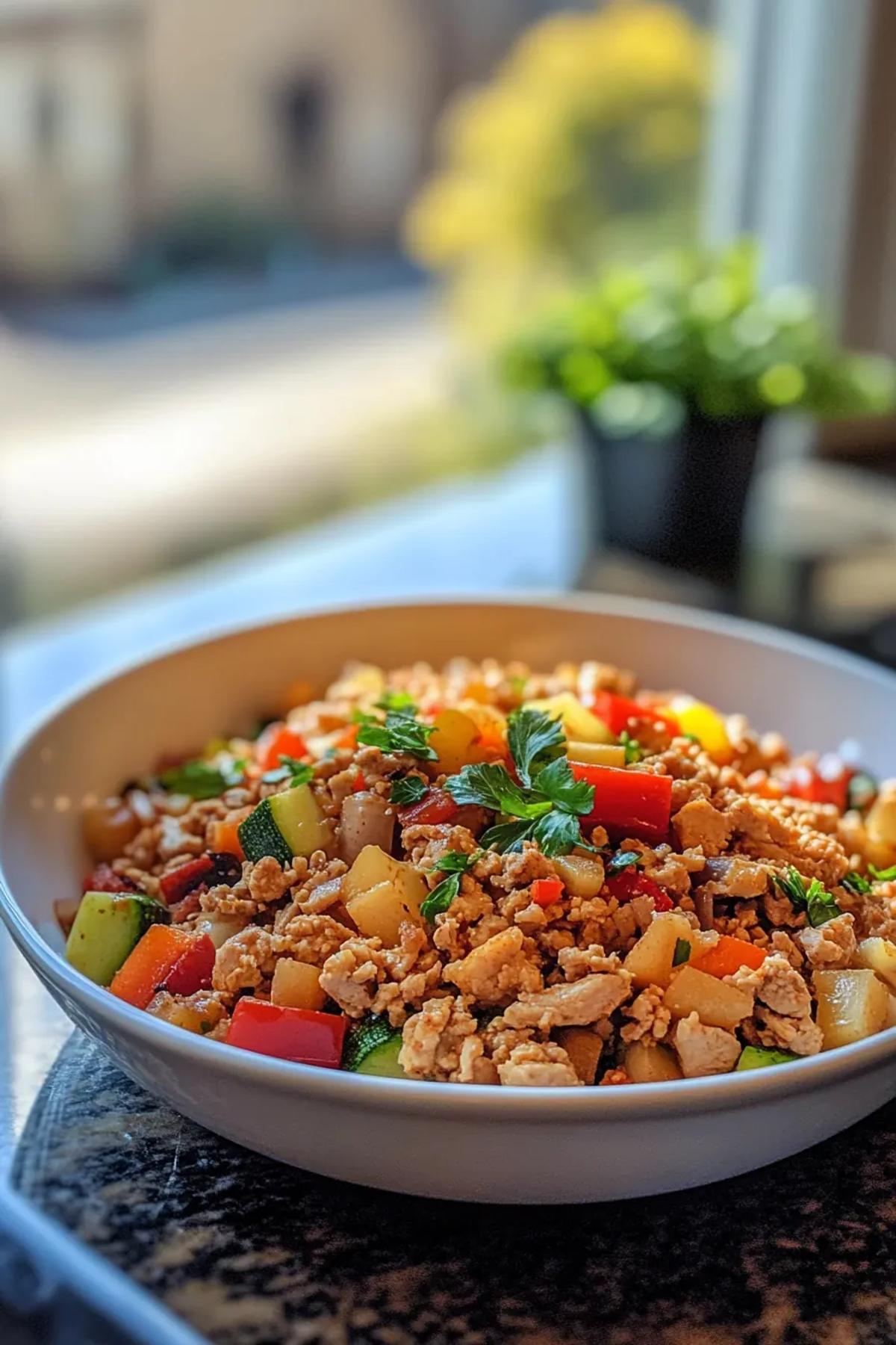 Sun‑Kissed Turkey & Veggie Medley plated on a rustic ceramic bowl, showcasing golden‑browned ground turkey, colorful bell peppers, fresh spinach, and a drizzle of lemon‑herb sauce, embodying healthy high protein ground turkey recipes with vivid summer colors