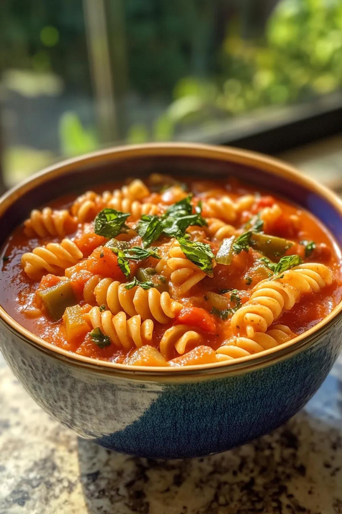 A vibrant bowl of slow cooker tomato pasta soup brimming with al dente pasta, ruby tomatoes, and colorful random garden vegetables, garnished with fresh basil and a drizzle of olive oil, presented on a rustic wooden table. card
