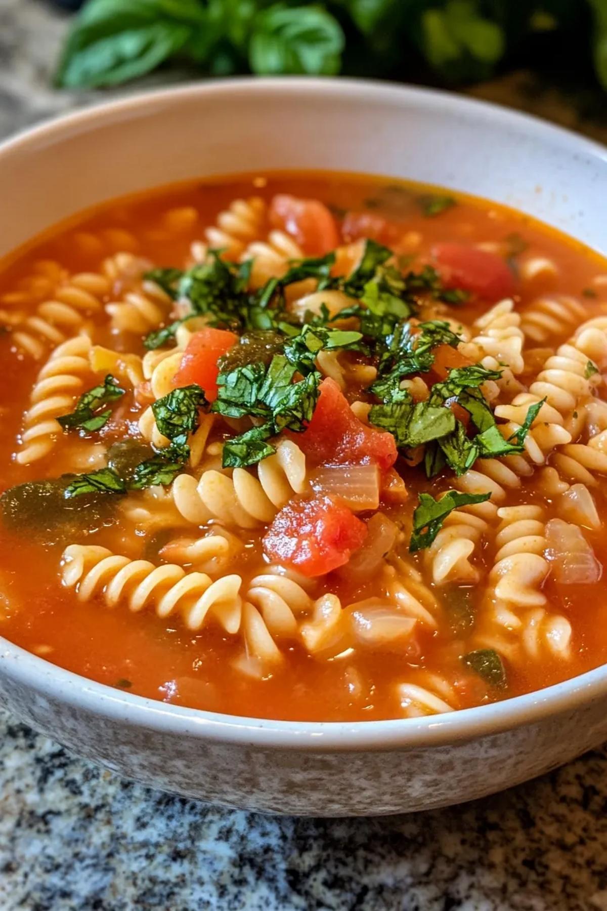 A vibrant bowl of slow cooker tomato pasta soup brimming with al dente pasta, ruby tomatoes, and colorful random garden vegetables, garnished with fresh basil and a drizzle of olive oil, presented on a rustic wooden table.