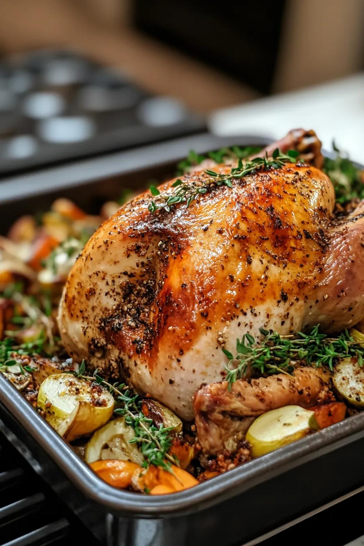 Golden roasted turkey with crispy skin surrounded by seasonal vegetables. card