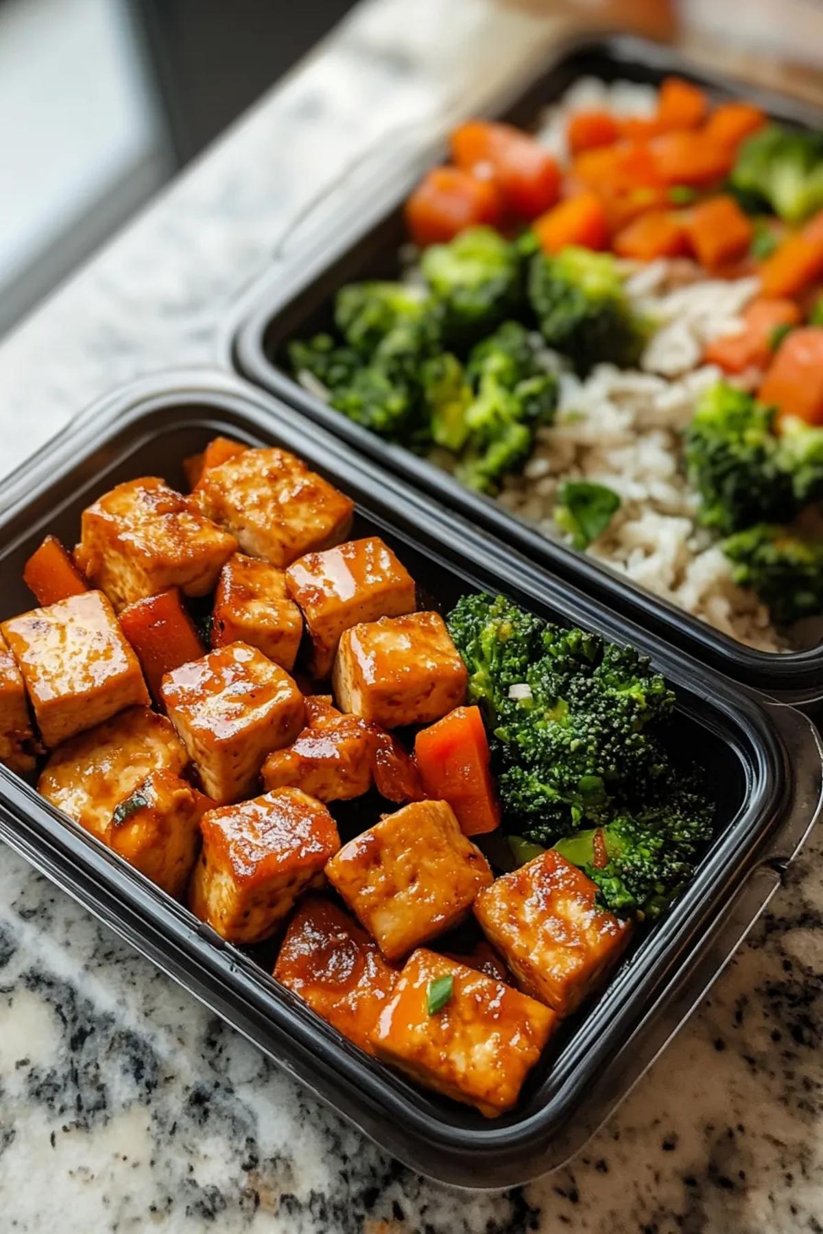 Golden, pan-seared tofu cubes arranged in a colorful meal prep container with vibrant vegetables and a sprinkle of fresh herbs, showcasing the high protein meal prep with tofu. card