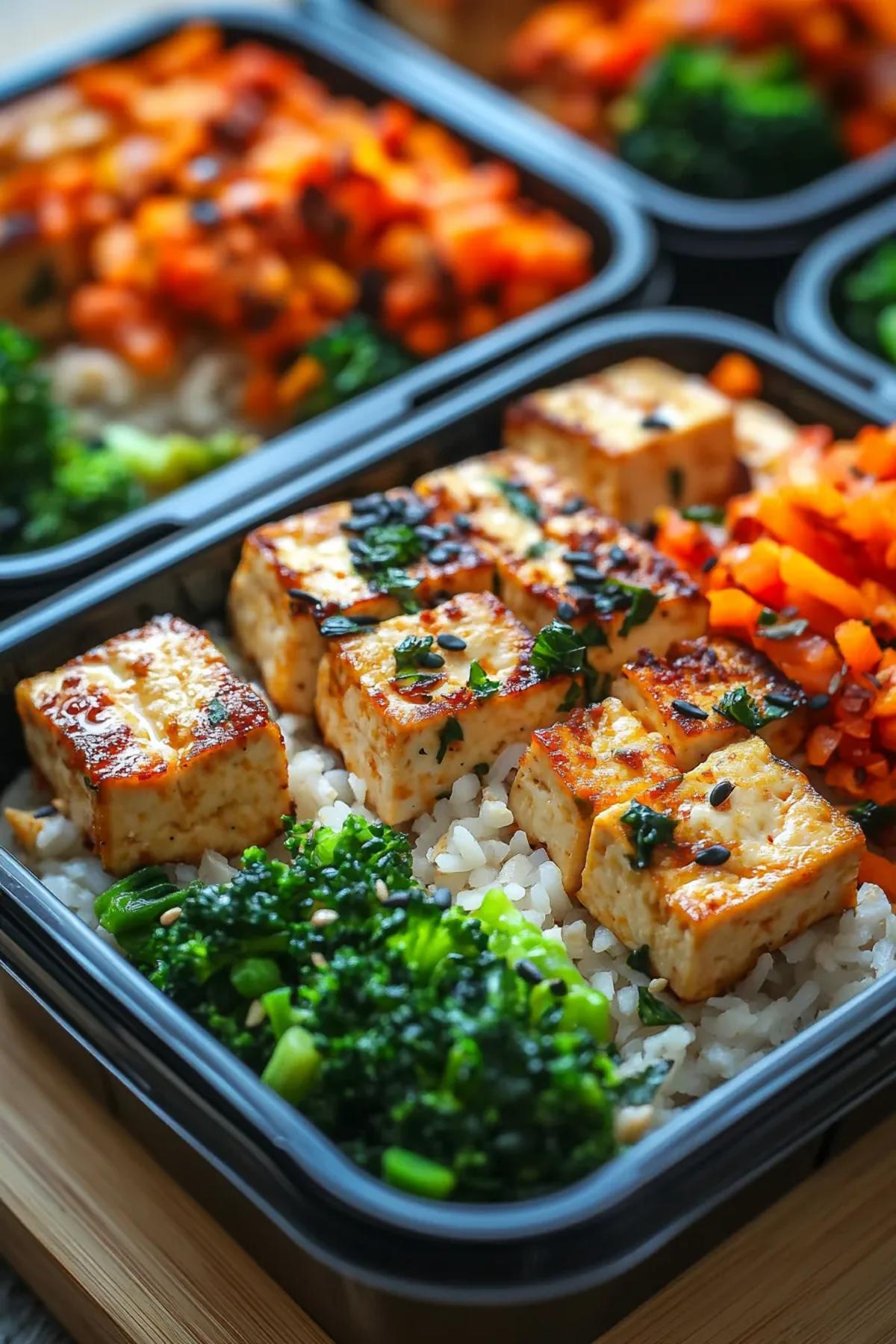 Golden, pan-seared tofu cubes arranged in a colorful meal prep container with vibrant vegetables and a sprinkle of fresh herbs, showcasing the high protein meal prep with tofu.