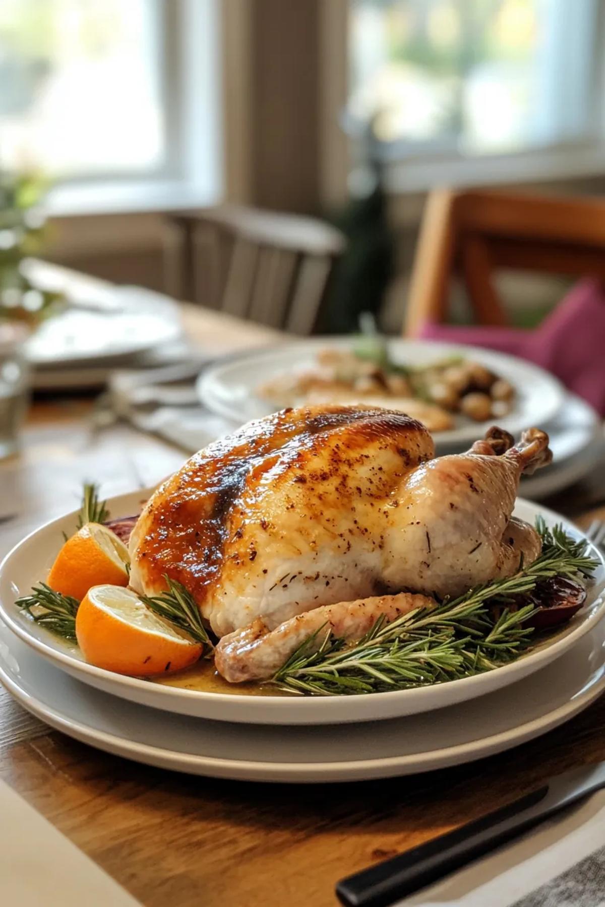 A beautifully brined turkey, golden and crisp, resting on a wooden carving board. card