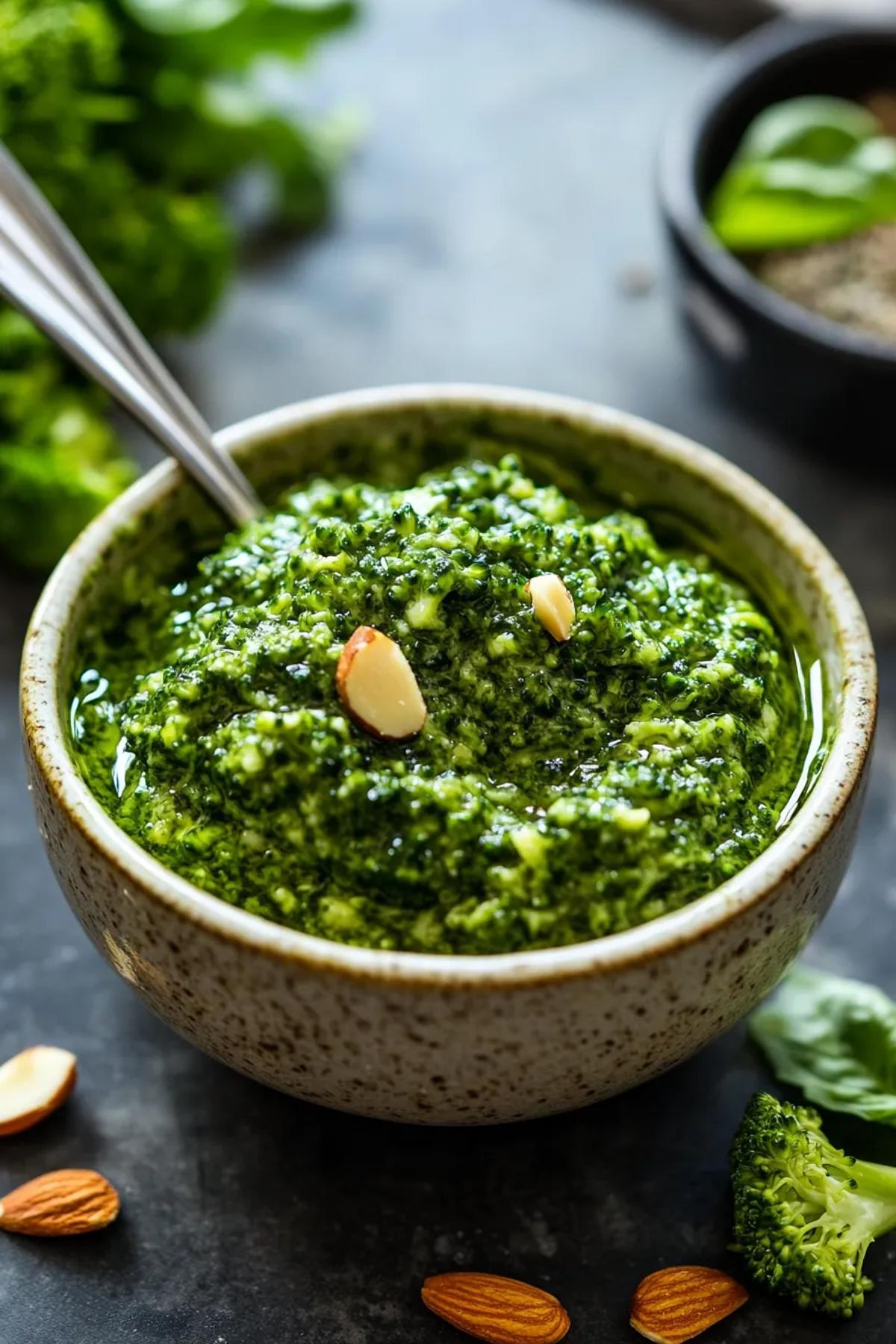 Vibrant green broccoli and smoked almond pesto in a rustic bowl. card