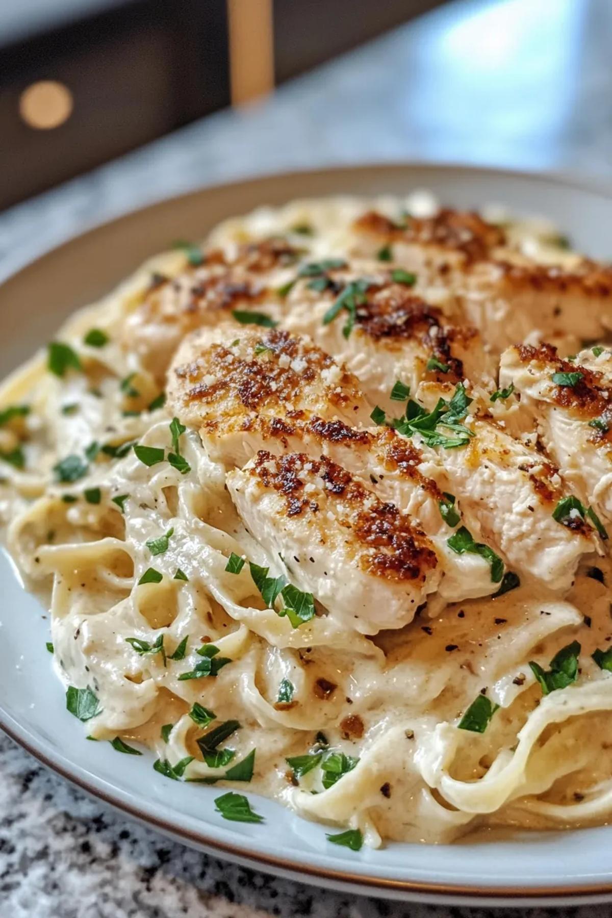 Perfectly sautéed chicken atop creamy Alfredo pasta with a sprinkle of fresh parsley. card