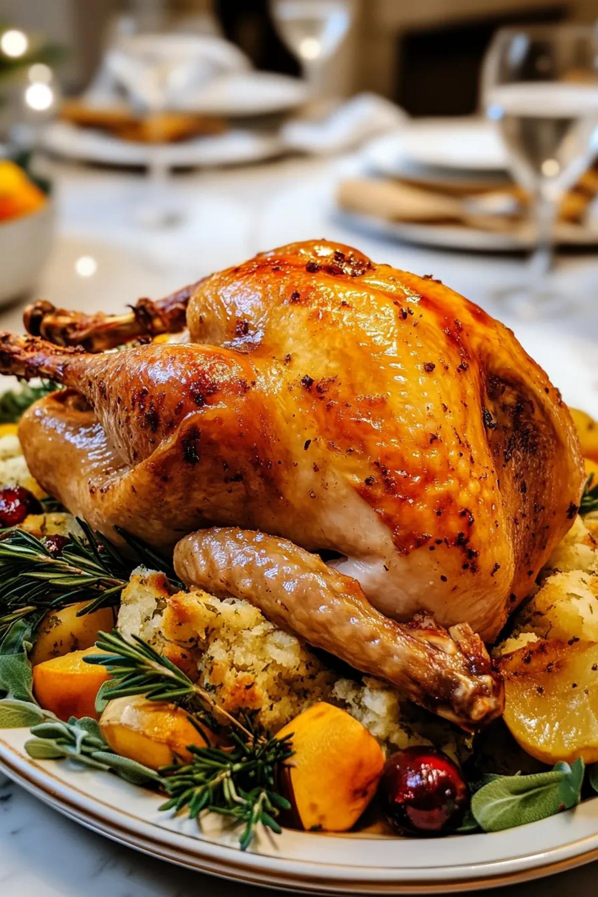 Golden-brown roasted turkey on a festive platter surrounded by garnishes. card