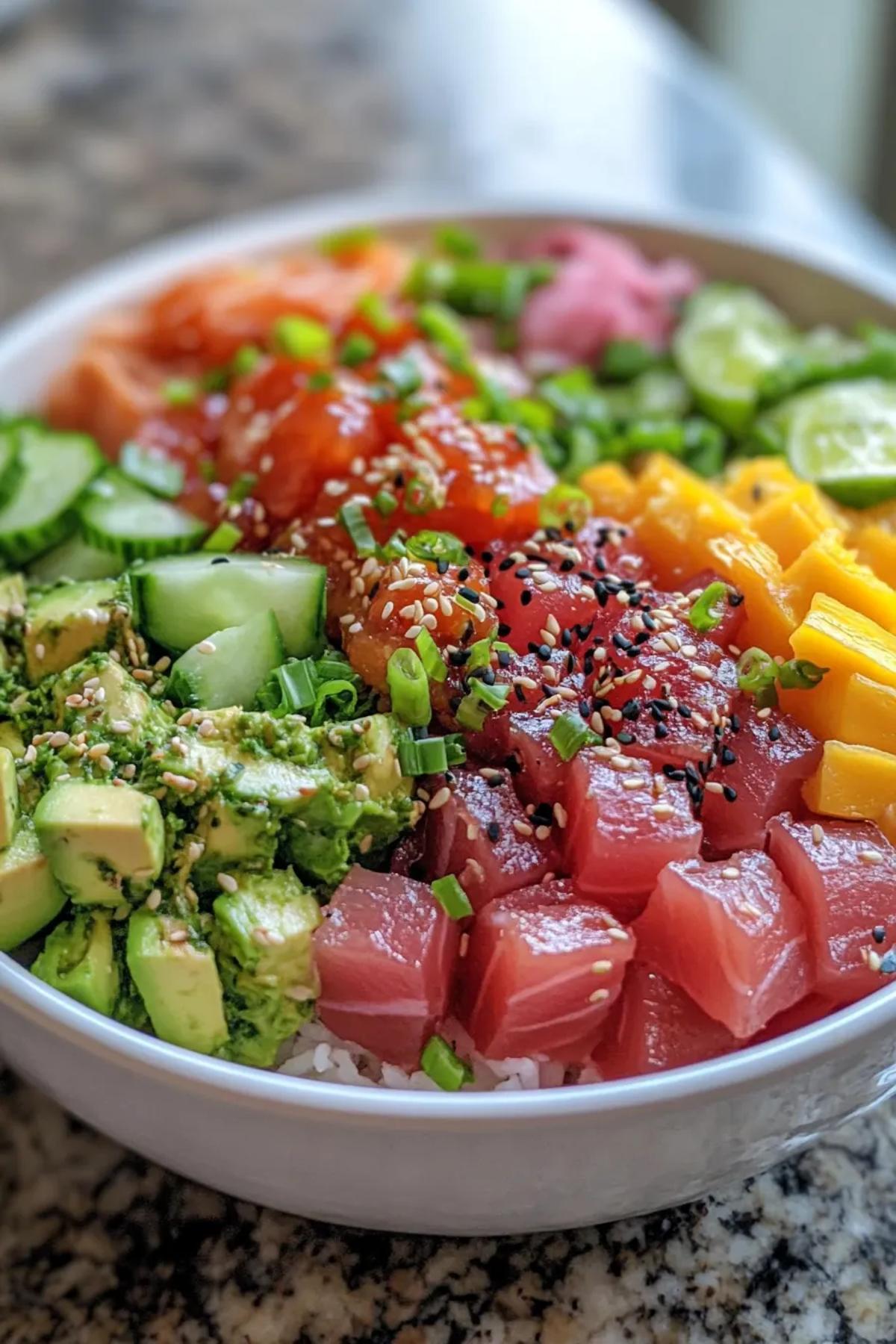 A vibrant tuna poke bowl with fresh tuna, edamame, avocado, and seaweed salad. card