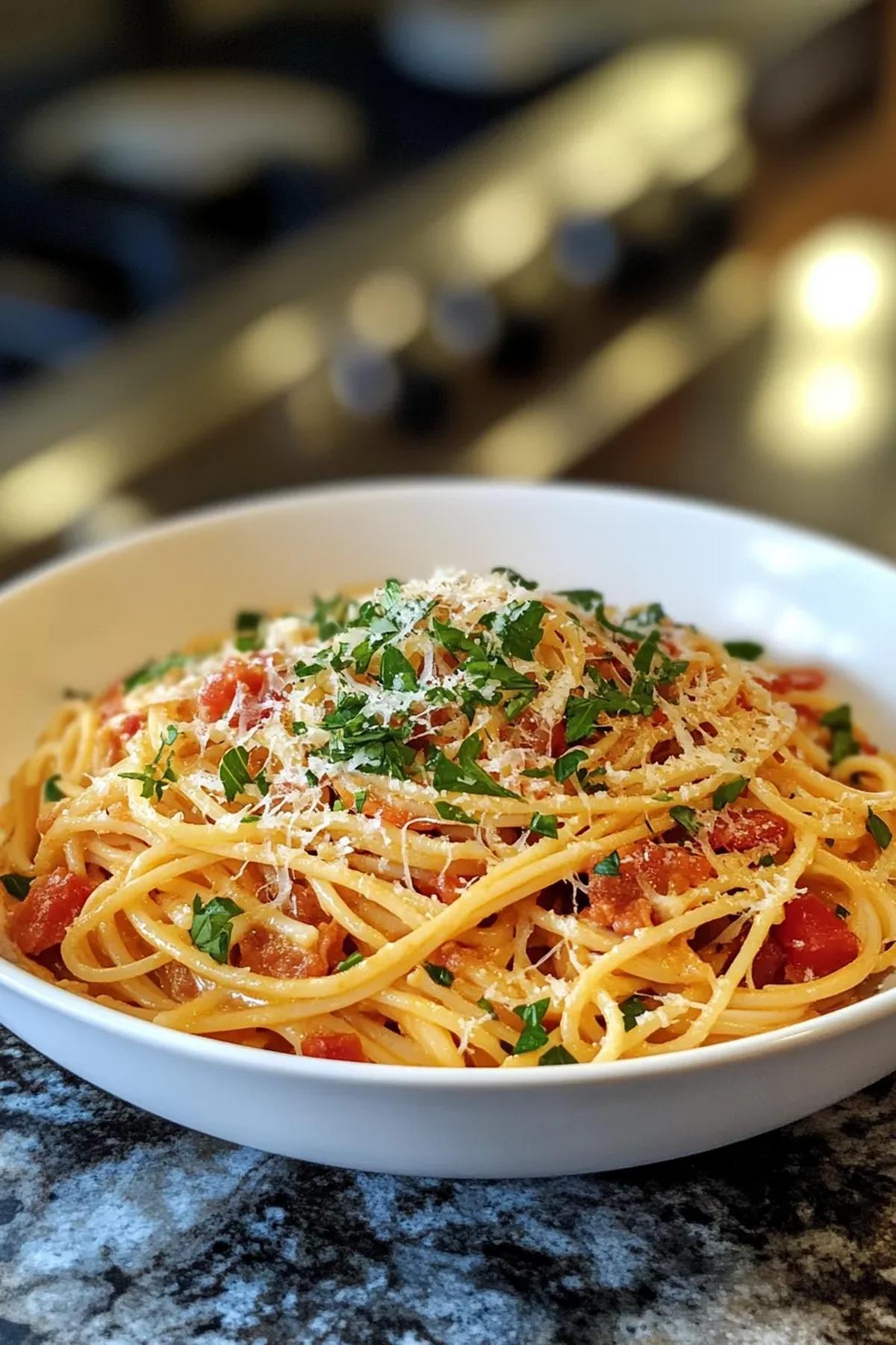 A bowl of colorful garden fresh pasta with seasonal vegetables and herbs. card