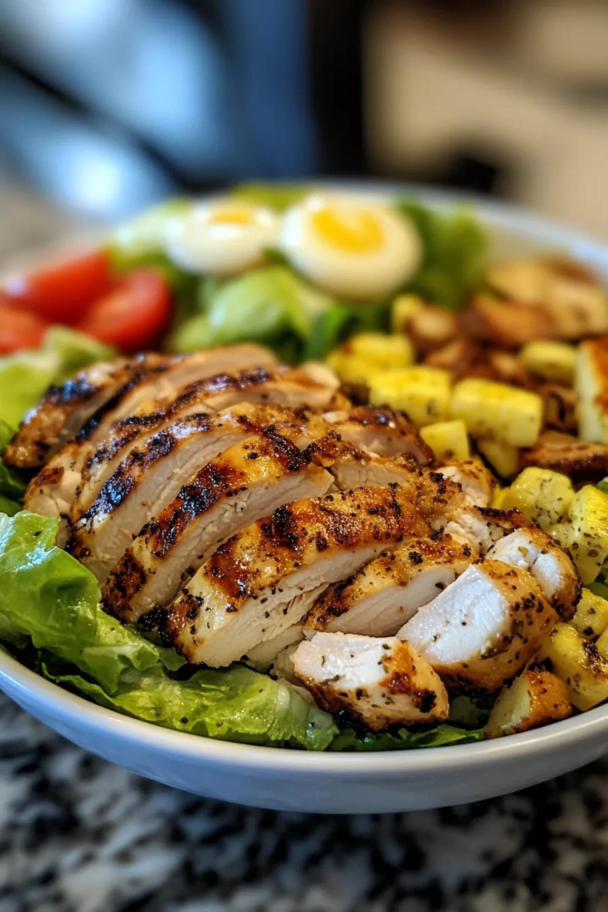 Juicy grilled chicken slices atop a bed of crisp romaine lettuce, drizzled with creamy Caesar dressing. card