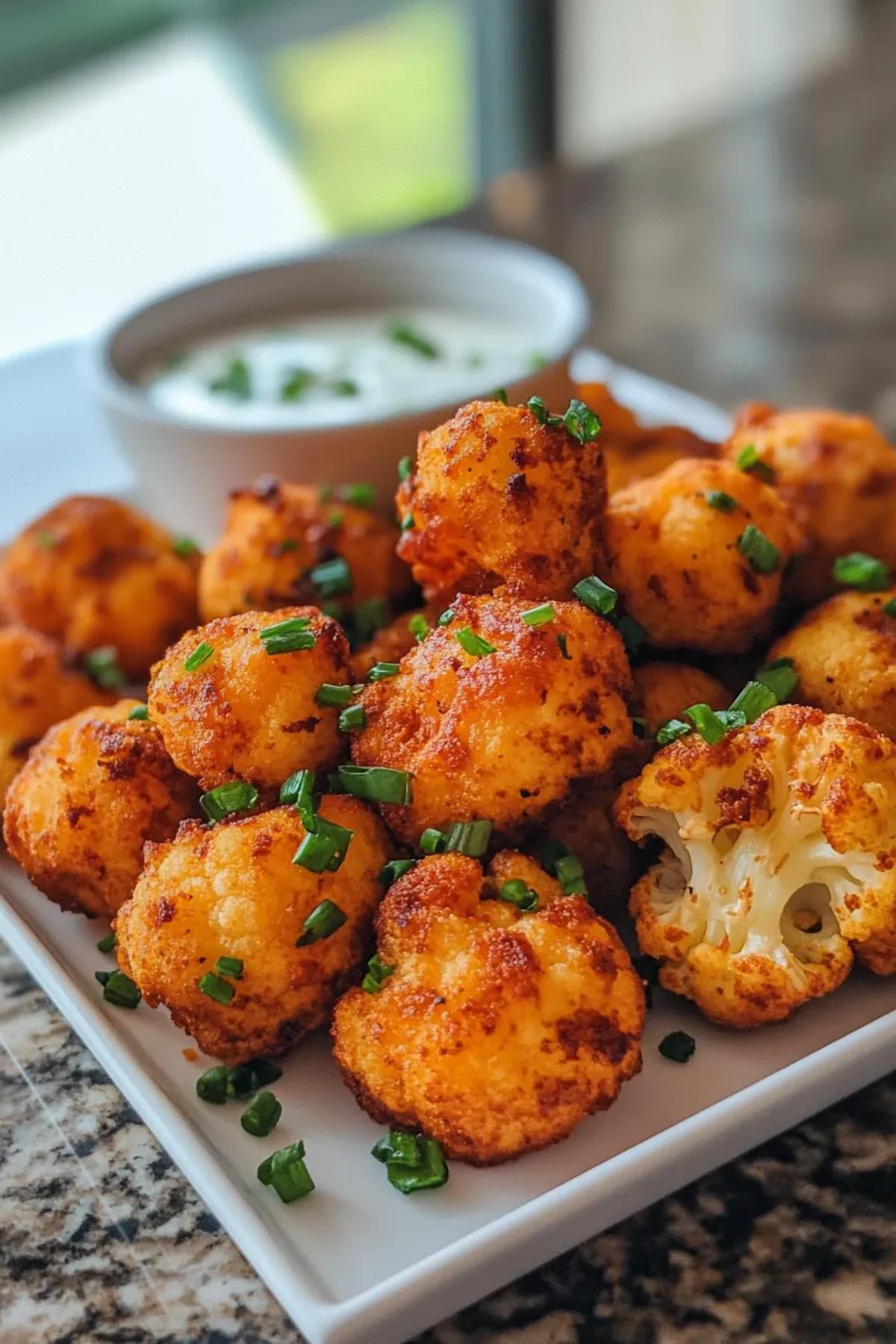 Golden, crispy cauliflower bites served with a side of tangy dipping sauce. card